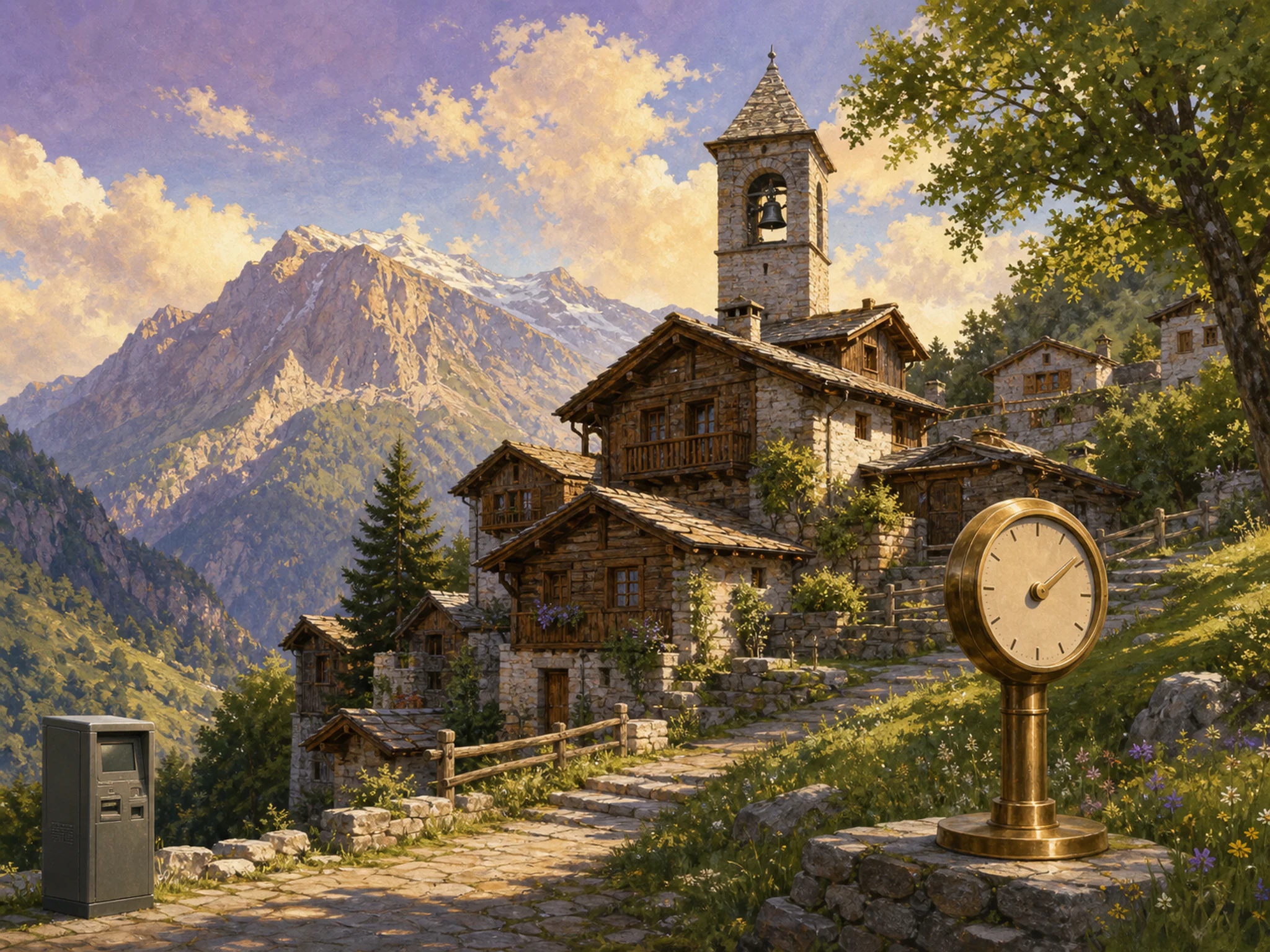 Alpine Bell Village overlooking brass public clock in a layered alpine hillside, with layered scenery and warm late-day sunlight.