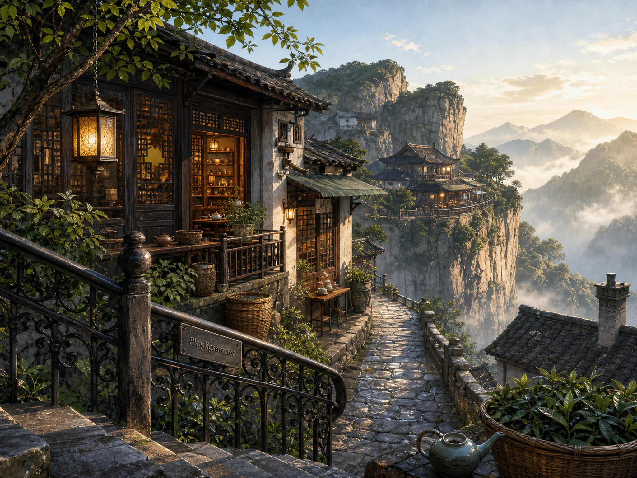 Cliff Tea Village anchoring ornamental iron railing in a compact historic street, with layered scenery and clear early morning light.