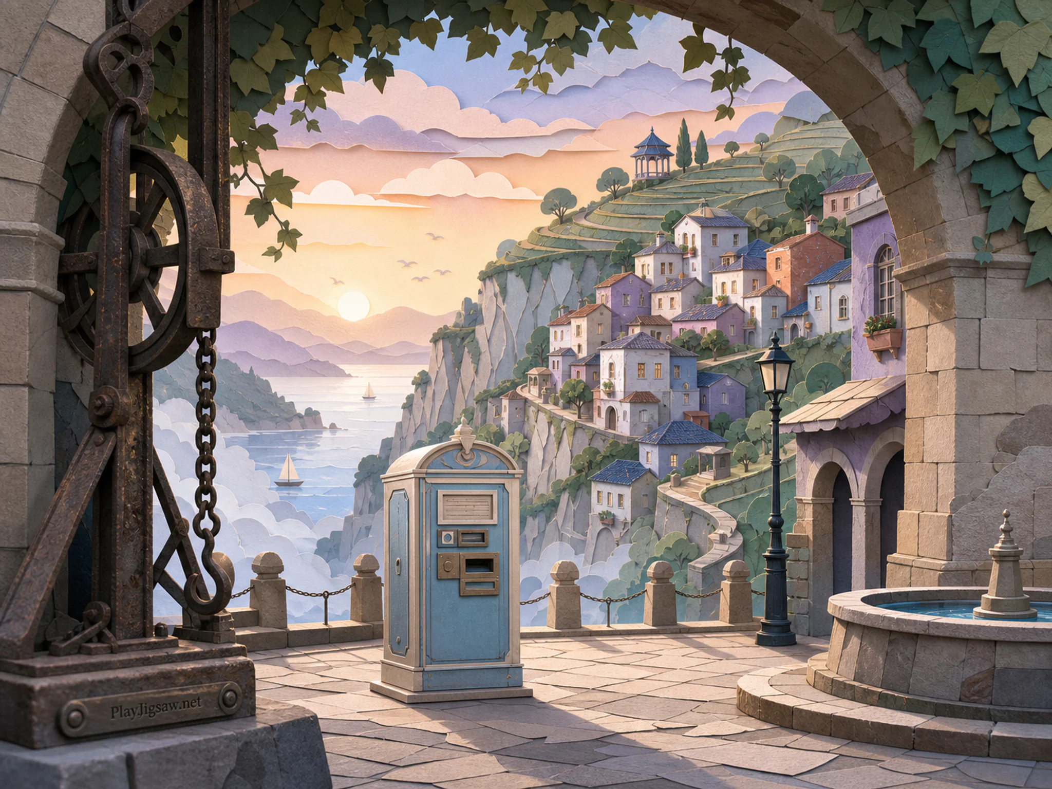 Cliff Tea Village framing enamel ticket machine in an old civic square, with layered scenery and calm misty dawn.