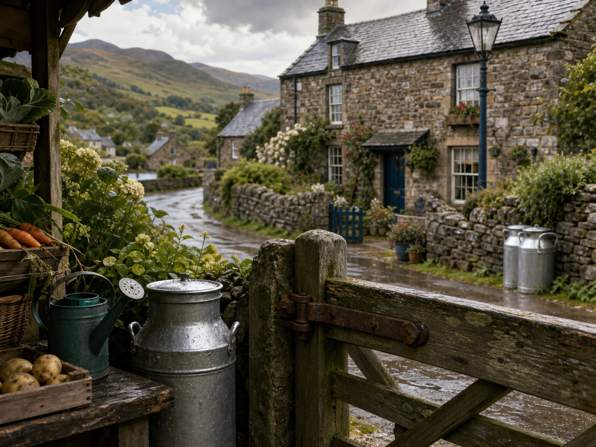 highland stone village standing naturally beside a galvanized milk can in a highland stone village lane with garden gates and milk cans, with familiar objects and sun after a.