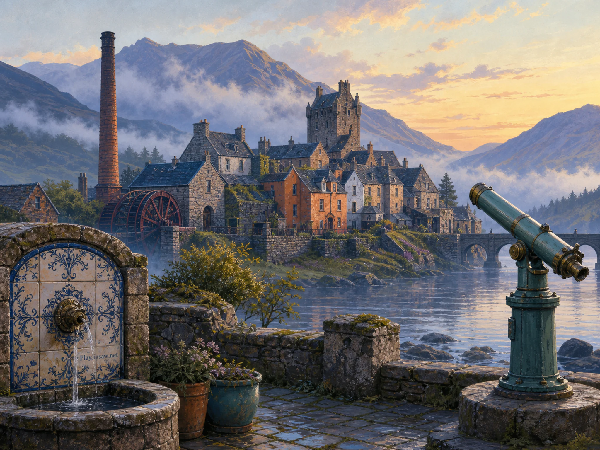 Highland Stone Village opening onto precision telescope mount in a restored industrial riverside, with layered scenery and calm misty dawn.