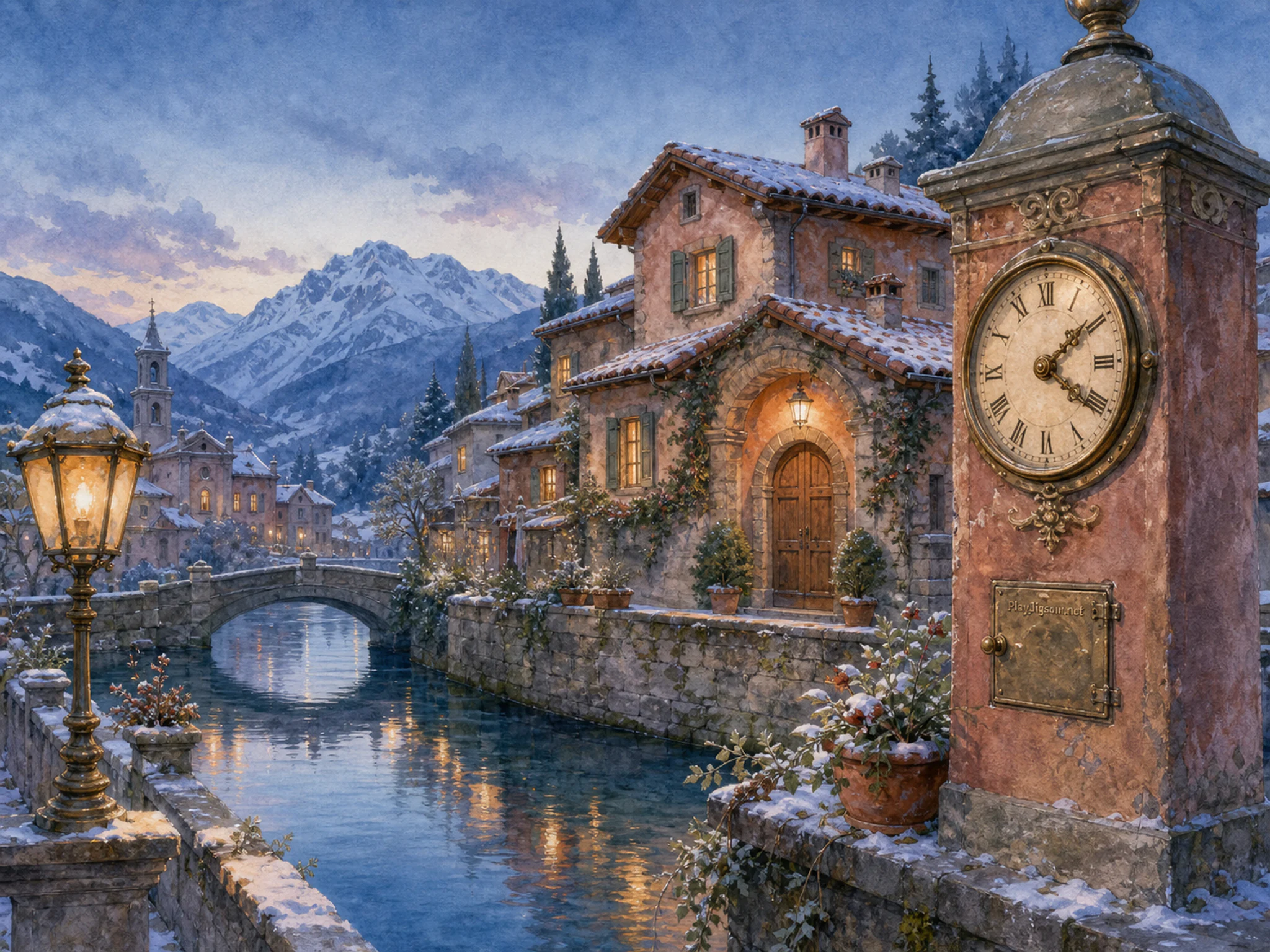 Snow Valley Hamlet sheltering arched wooden doorway in a reflective canal bend, with layered scenery and cool blue-hour light.