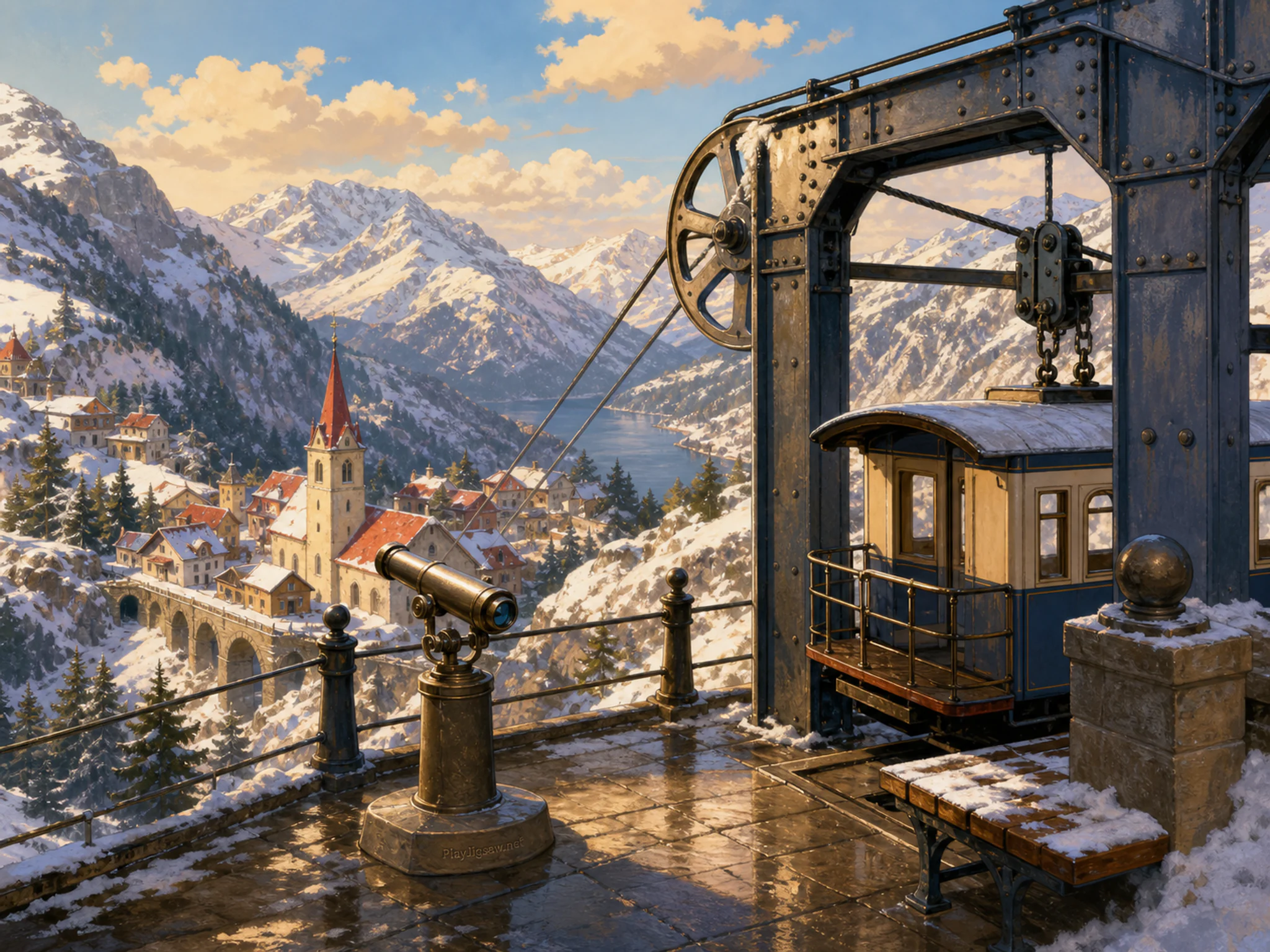 Snow Valley Hamlet revealing riveted iron hoist in a rain-bright transit platform, with layered scenery and warm late-day sunlight.