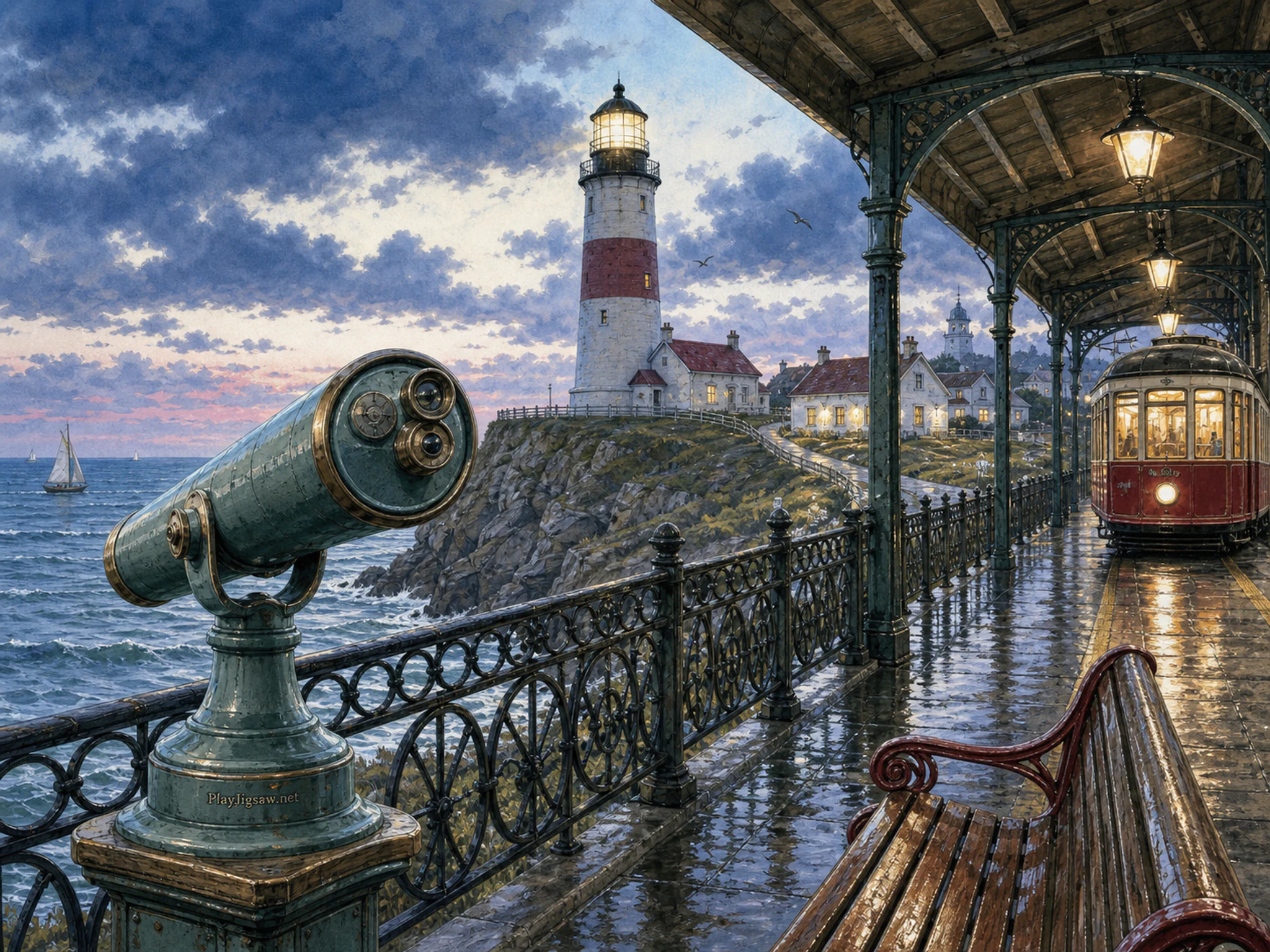 Coastal Lighthouse framing ornamental iron railing in a rain-bright transit platform, with layered scenery and cool blue-hour light.