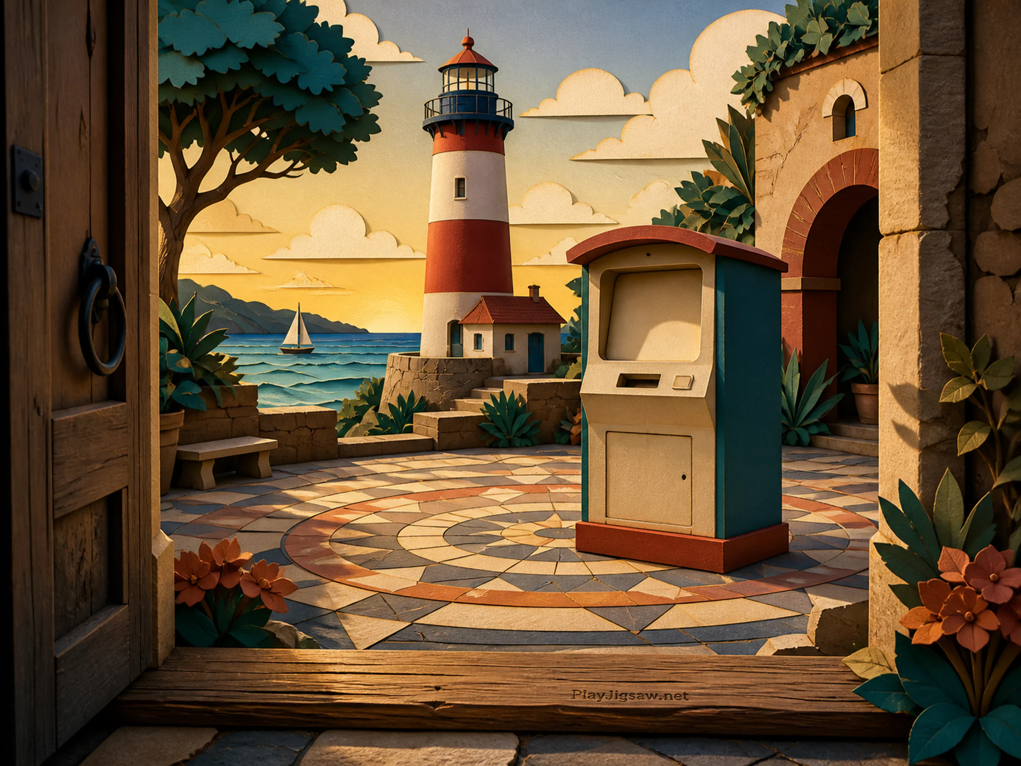 Coastal Lighthouse anchoring enamel ticket machine in a patterned inner courtyard, with layered scenery and warm late-day sunlight.
