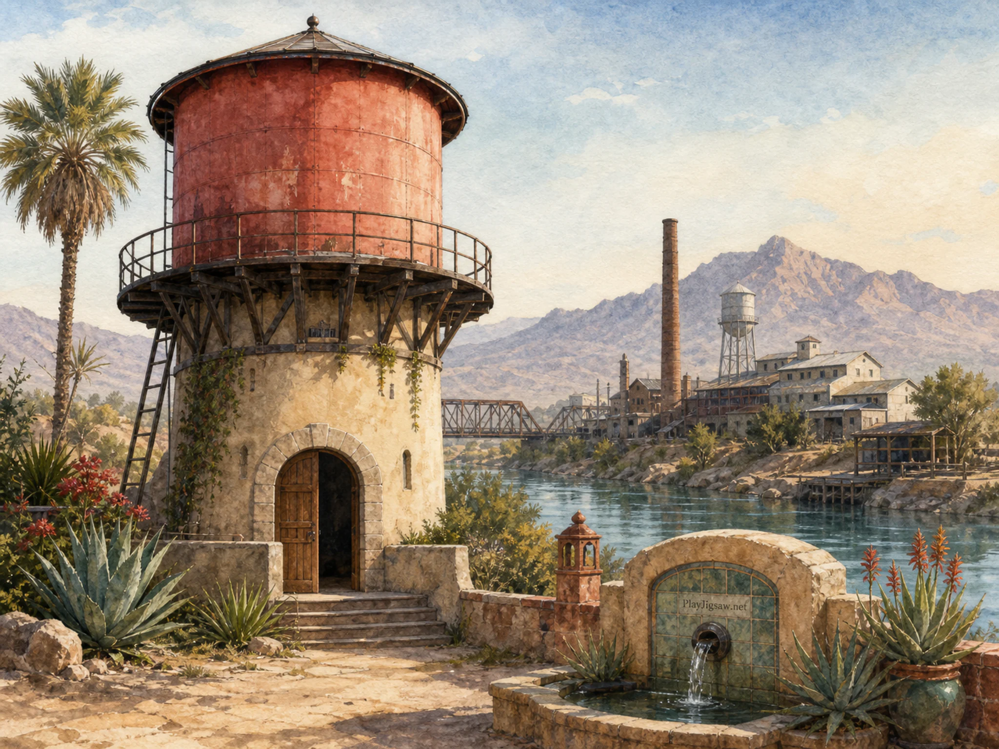 Desert Water Tower revealing arched wooden doorway in a restored industrial riverside, with layered scenery and clear early morning light.