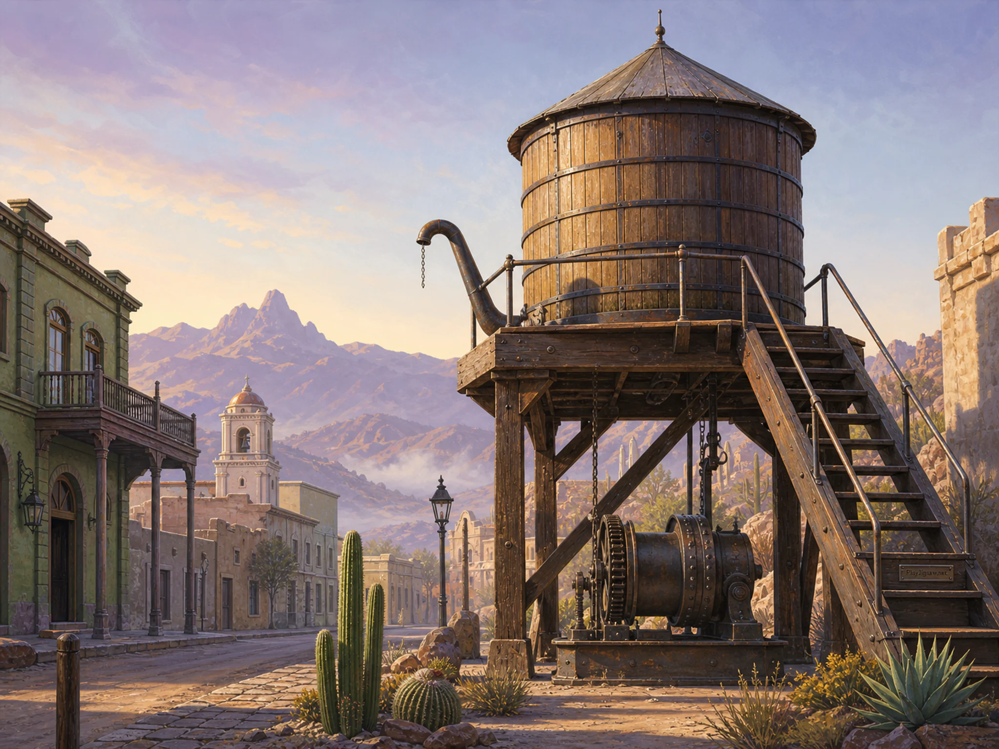Desert Water Tower sheltering riveted iron hoist in a compact historic street, with layered scenery and calm misty dawn.