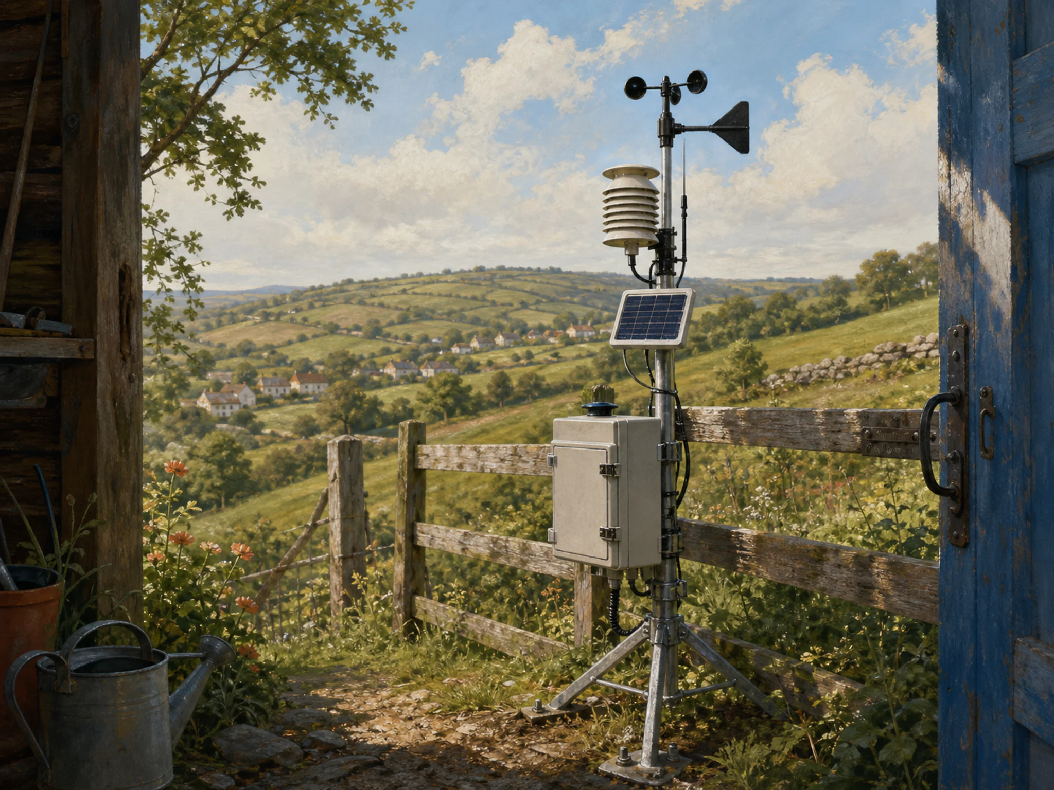 hill weather station standing naturally beside a weatherproof instrument box in a rural hill weather station beside a garden fence, with familiar objects and bright diffused.