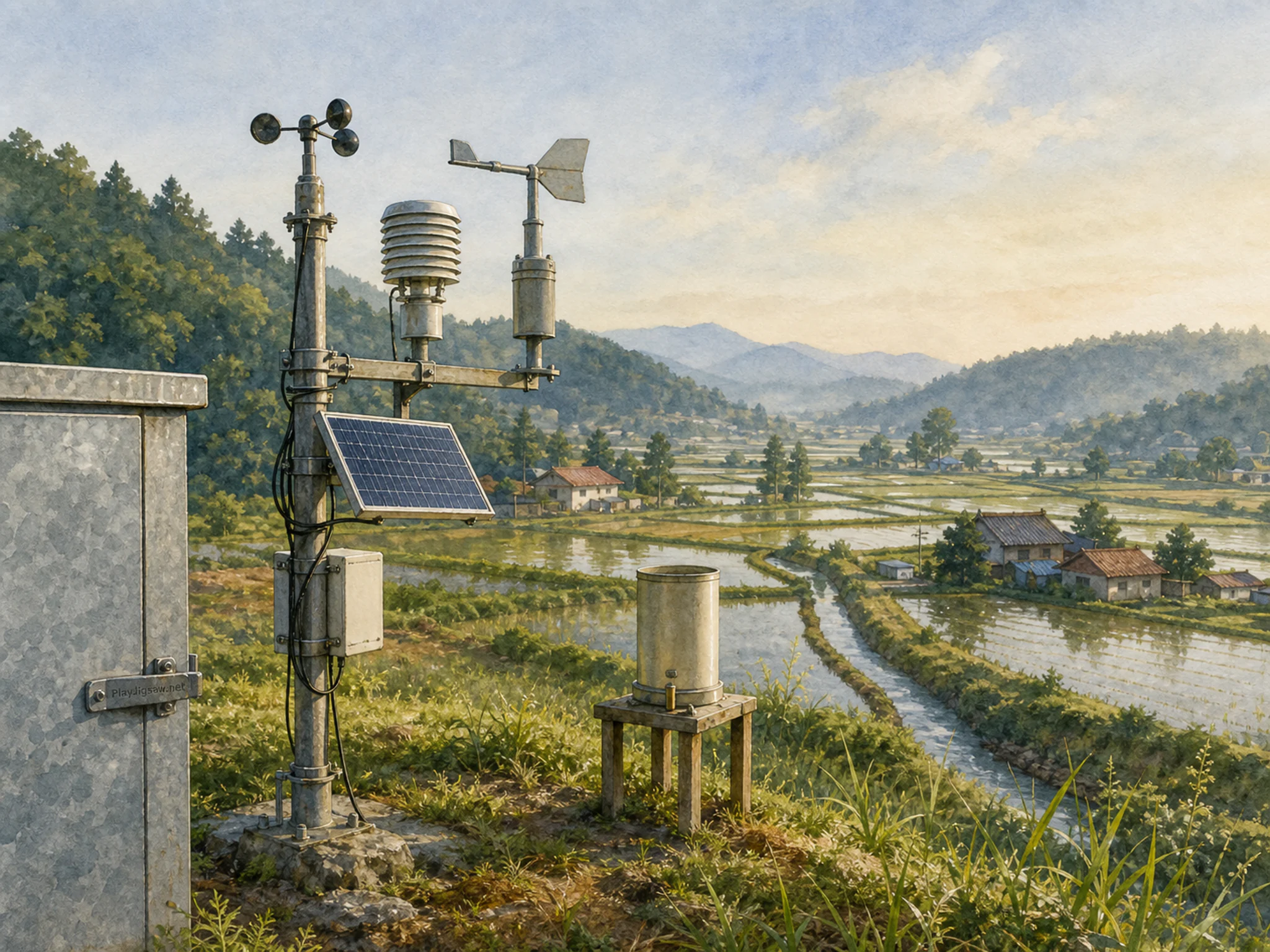 hill weather station standing naturally beside a galvanized instrument cabinet in a small hill weather station above rice fields and low farmhouses, with familiar objects and.