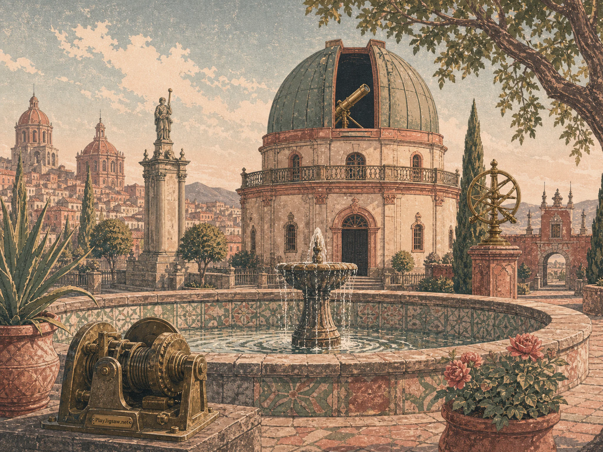 Moon Observatory overlooking tiled fountain basin in an old civic square, with layered scenery and clear early morning light.