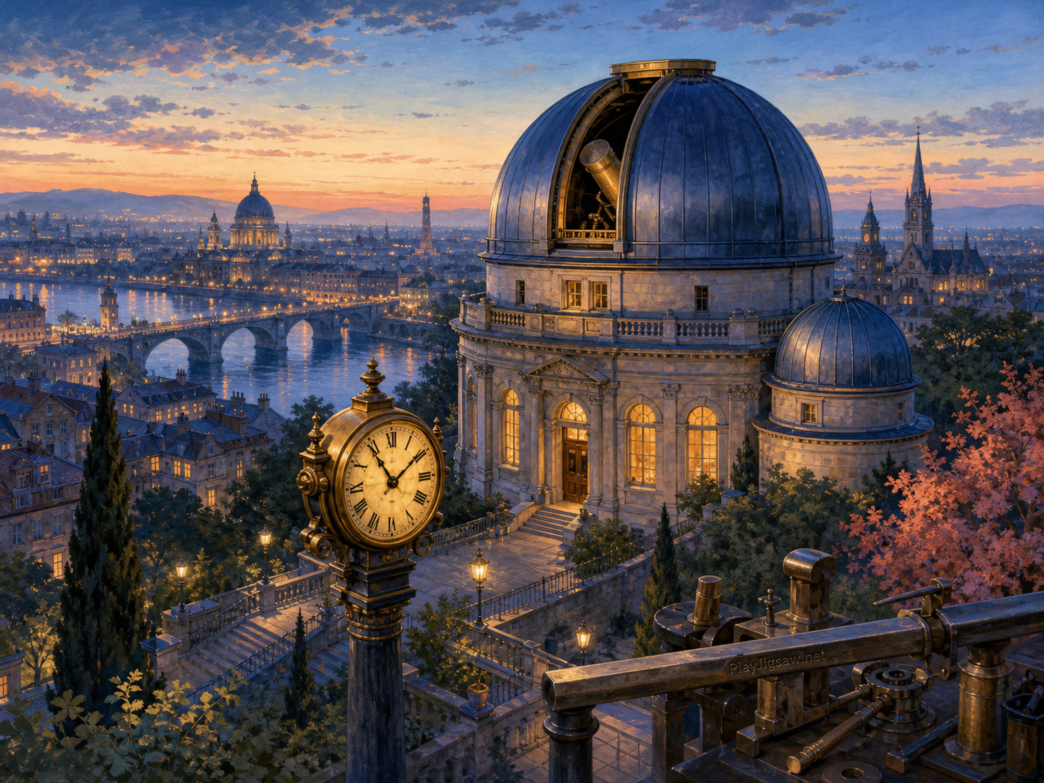 Moon Observatory rising above brass public clock in a broad twilight skyline, with layered scenery and calm misty dawn.