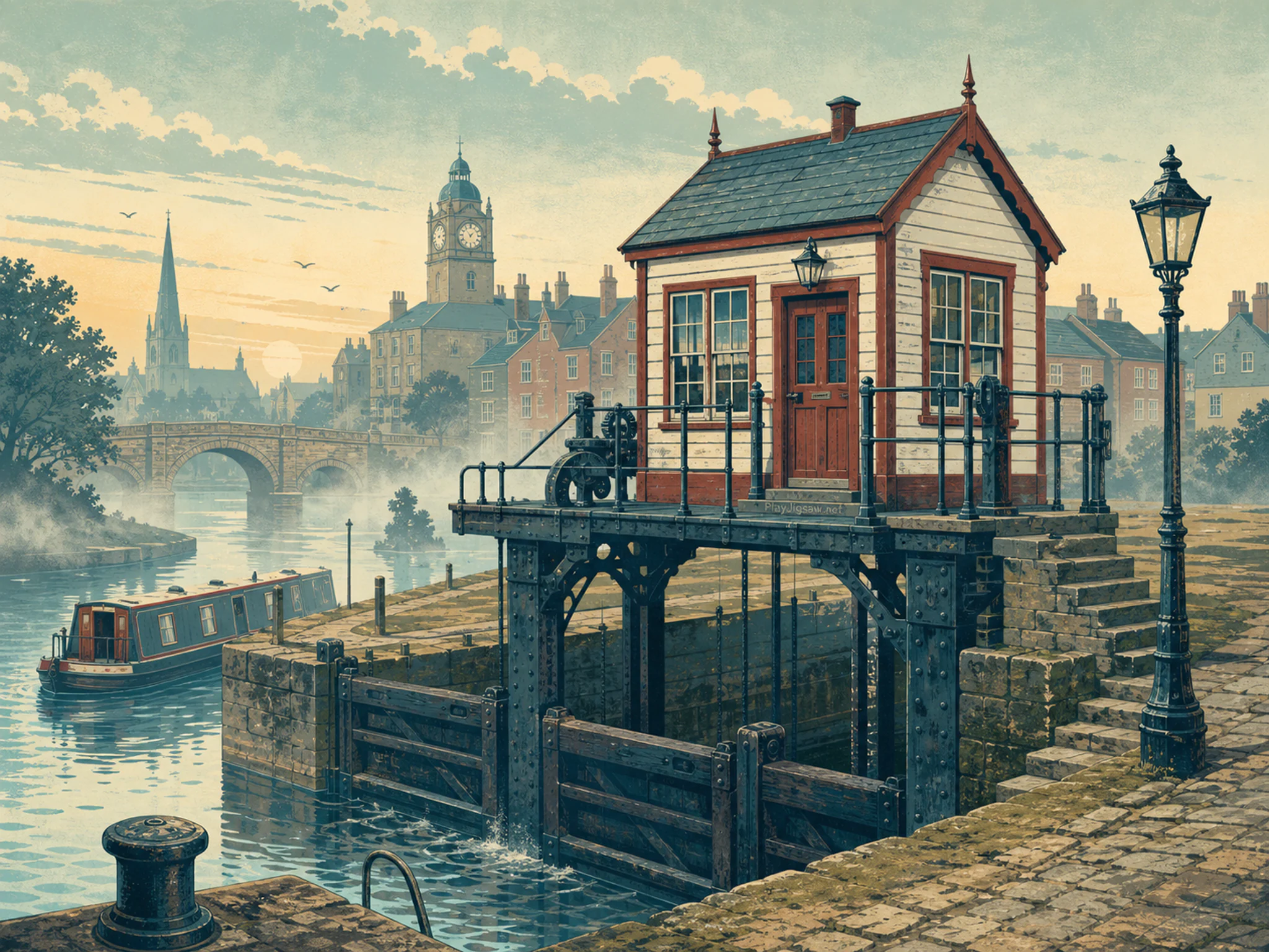 Canal Lock Station rising above riveted iron hoist in an old civic square, with layered scenery and calm misty dawn.