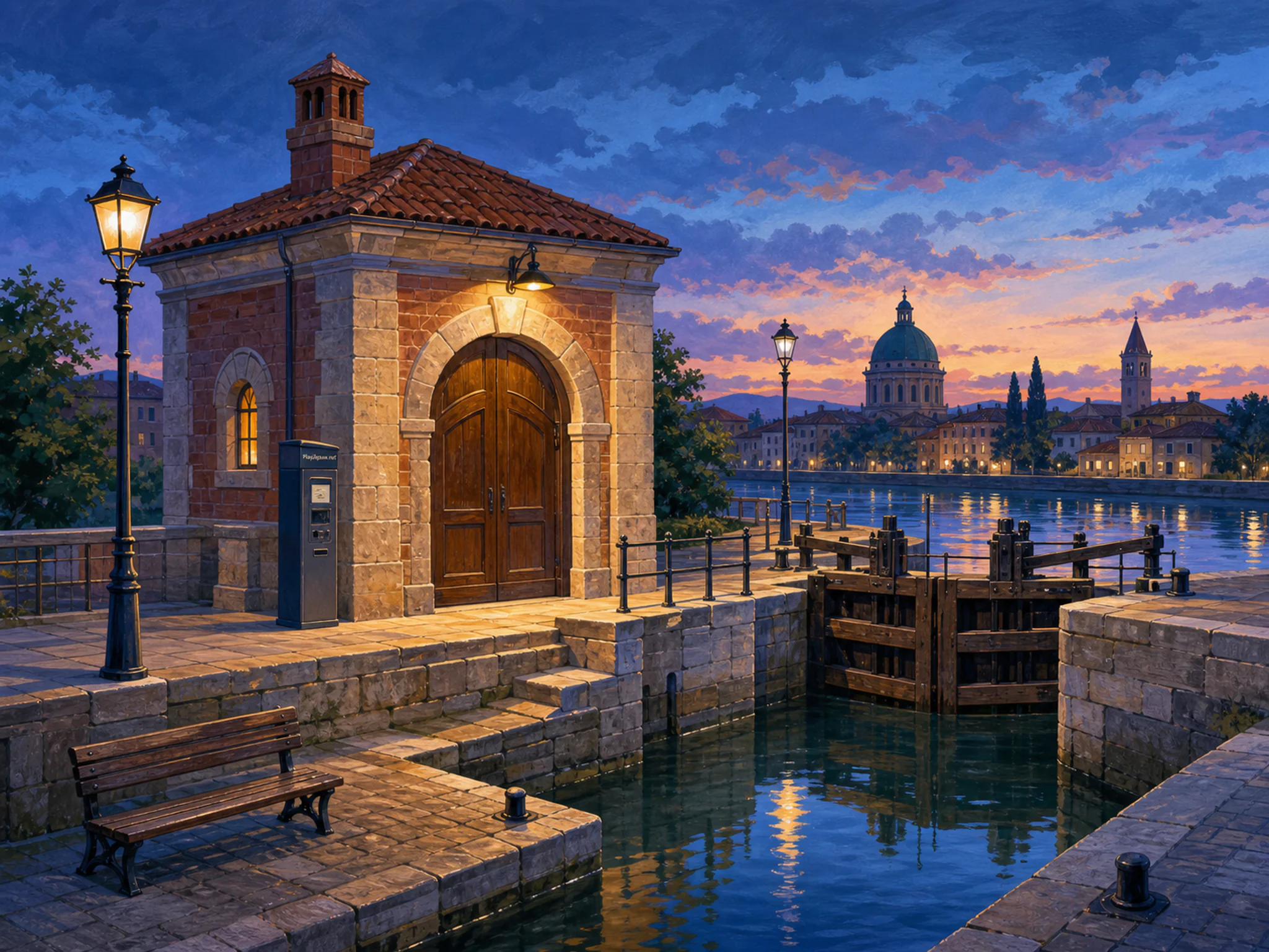 Canal Lock Station overlooking arched wooden doorway in a broad twilight skyline, with layered scenery and cool blue-hour light.