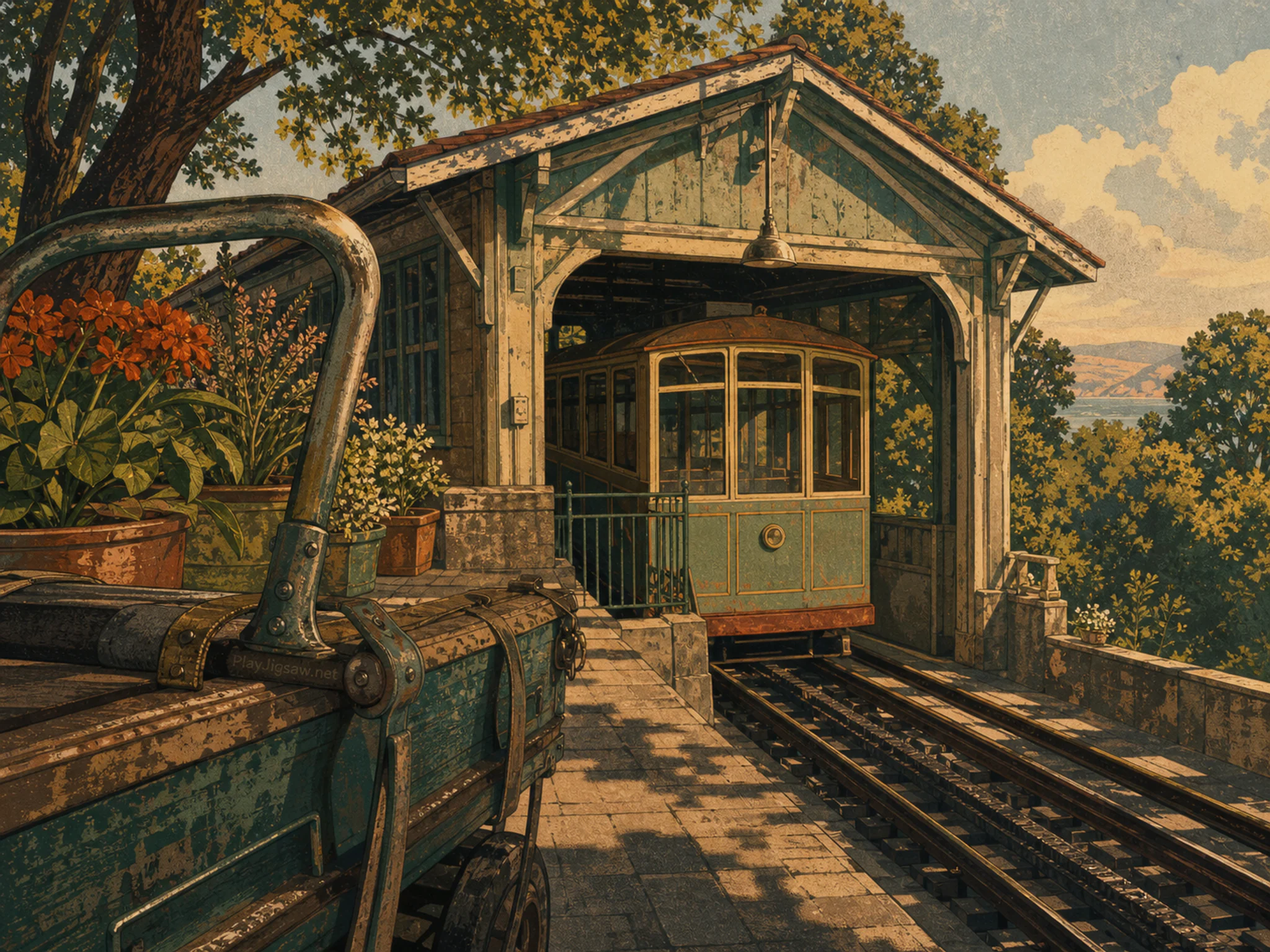 funicular depot standing naturally beside an old luggage trolley in a small hillside funicular depot with potted plants, with familiar objects and warm late-day sunlight.