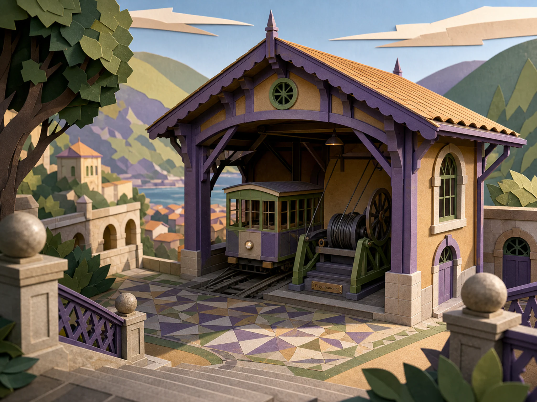 Funicular Depot framing stone stair landing in a patterned inner courtyard, with layered scenery and clear early morning light.