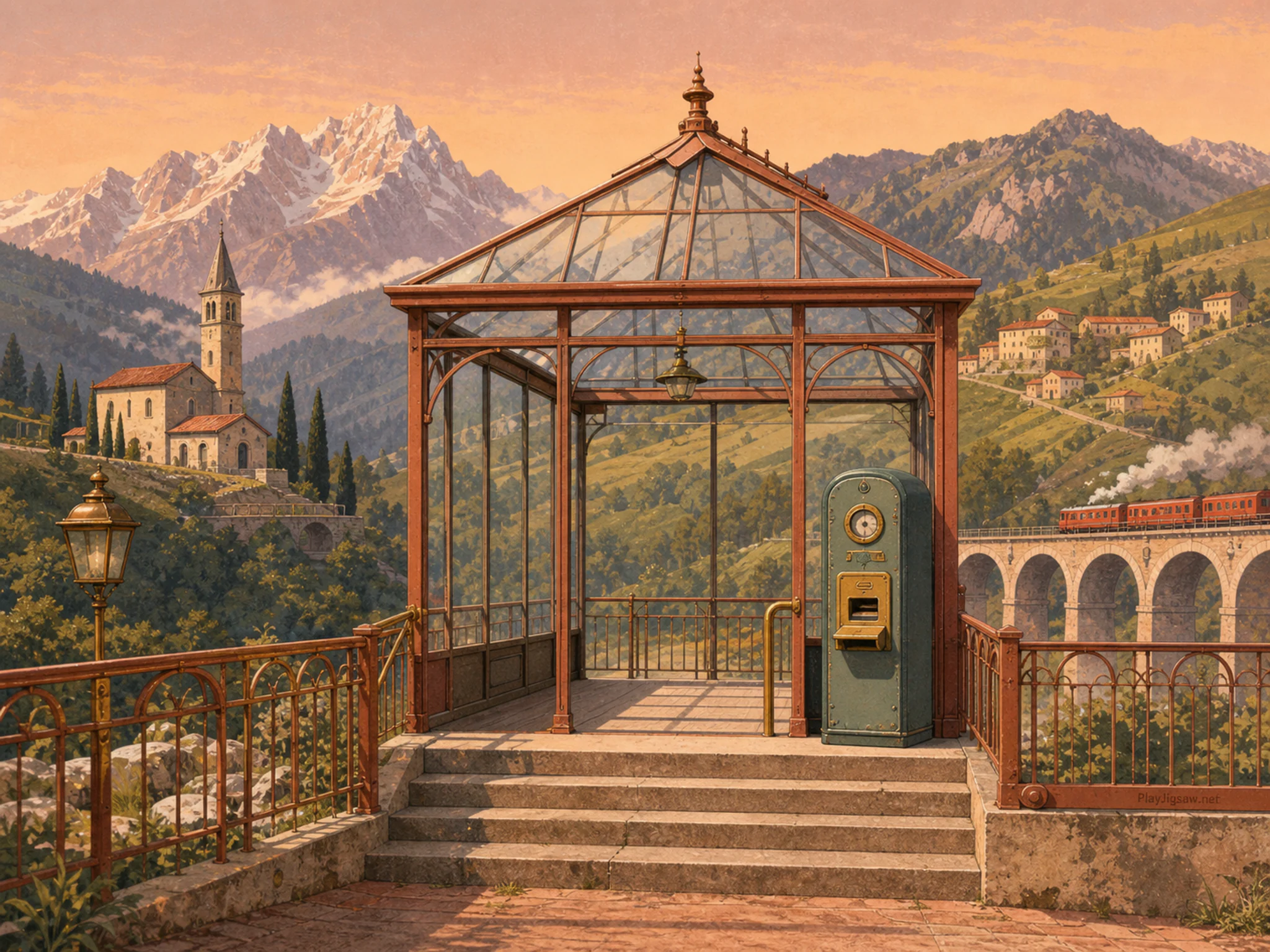 Glasshouse Platform opening onto enamel ticket machine in a layered alpine hillside, with layered scenery and warm late-day sunlight.