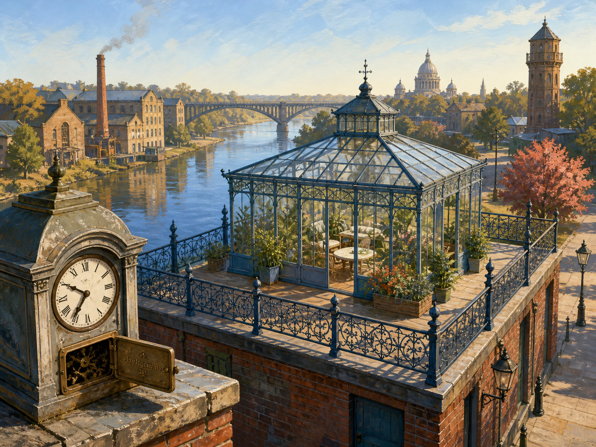 Glasshouse Platform surrounding ornamental iron railing in a restored industrial riverside, with layered scenery and clear early morning light.