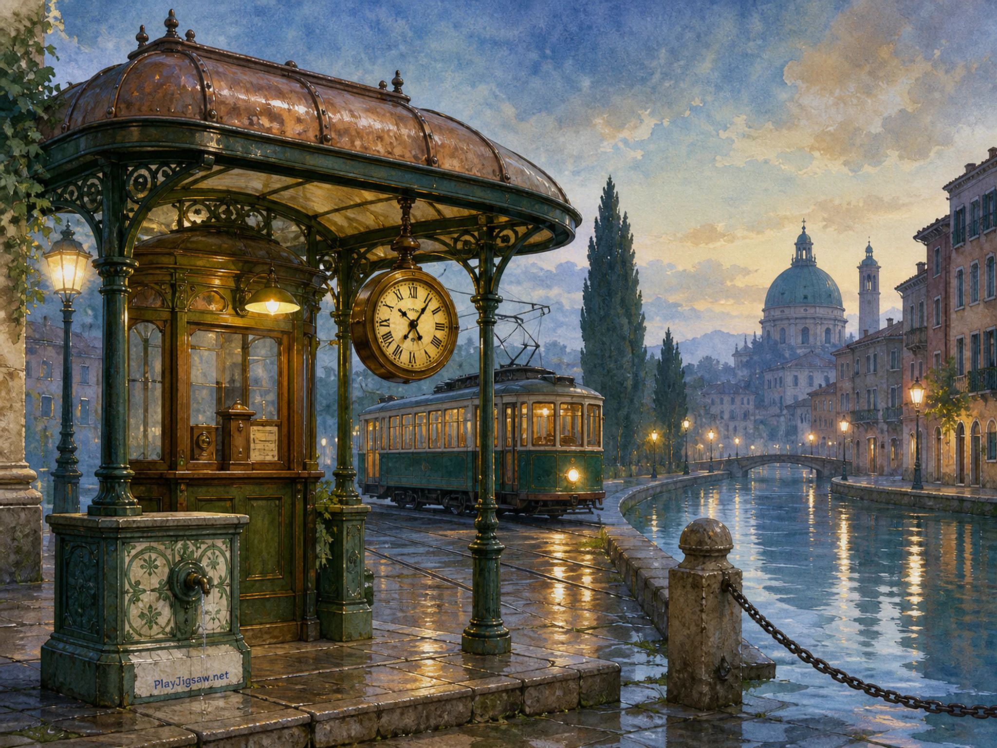 Tram Ticket Canopy revealing brass public clock in a reflective canal bend, with layered scenery and calm misty dawn.