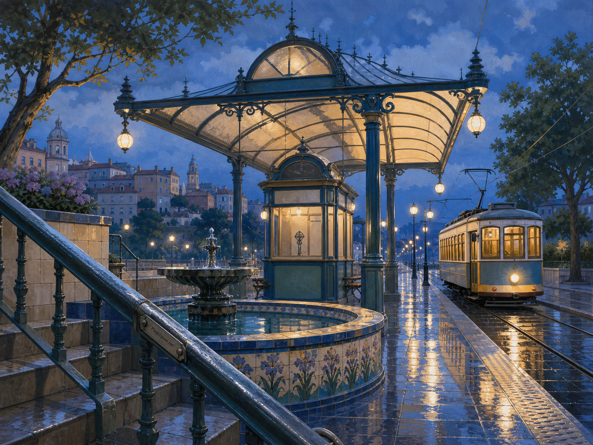 Tram Ticket Canopy sheltering tiled fountain basin in a rain-bright transit platform, with layered scenery and cool blue-hour light.
