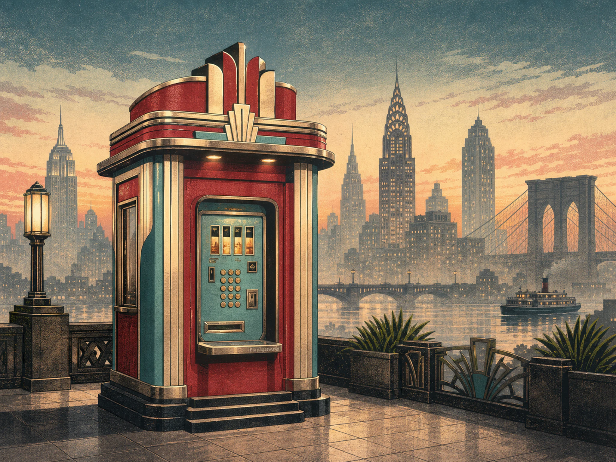 Art Deco Booth surrounding enamel ticket machine in a broad twilight skyline, with layered scenery and calm misty dawn.