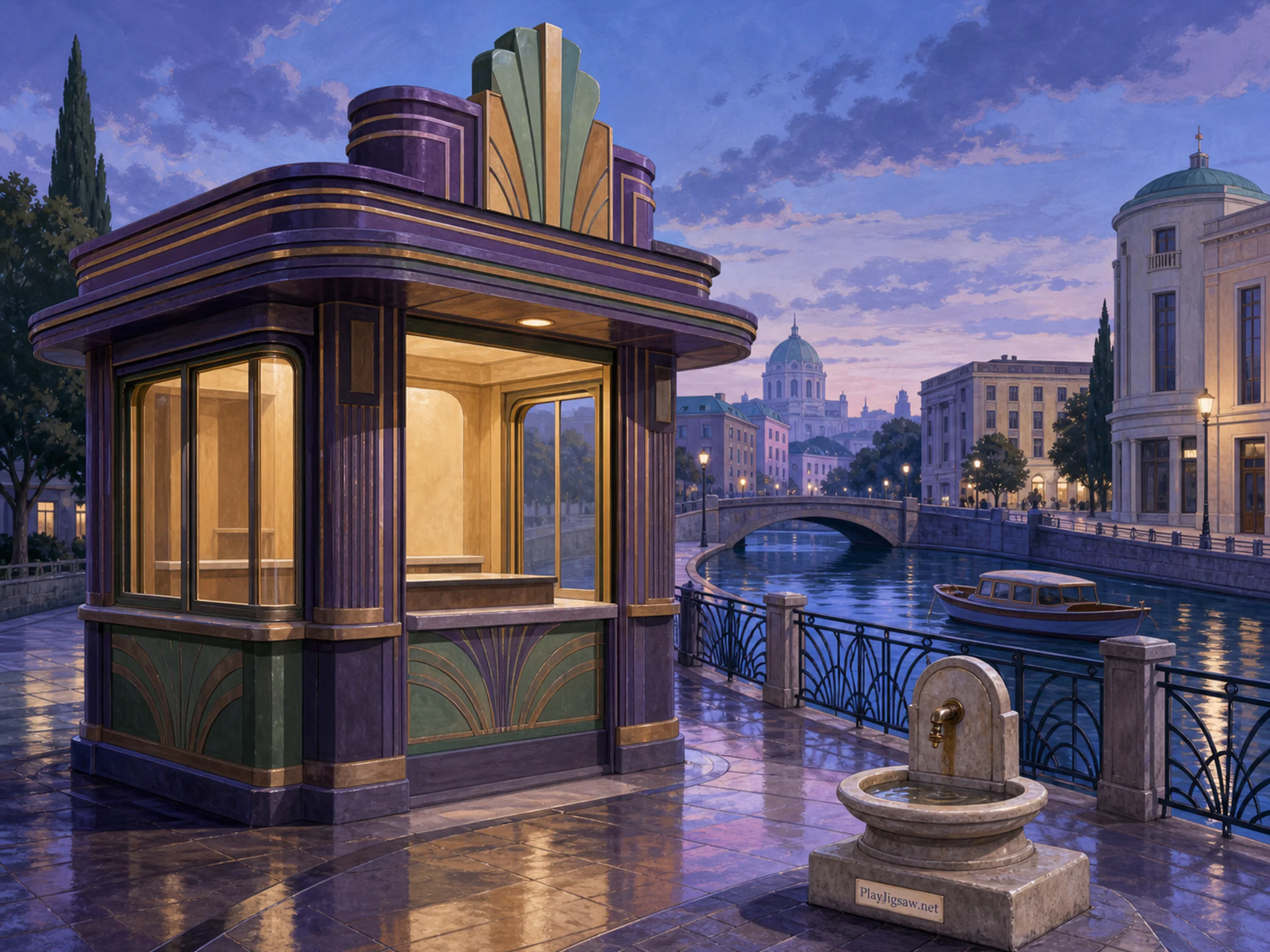 Art Deco Booth opening onto ornamental iron railing in a reflective canal bend, with layered scenery and cool blue-hour light.
