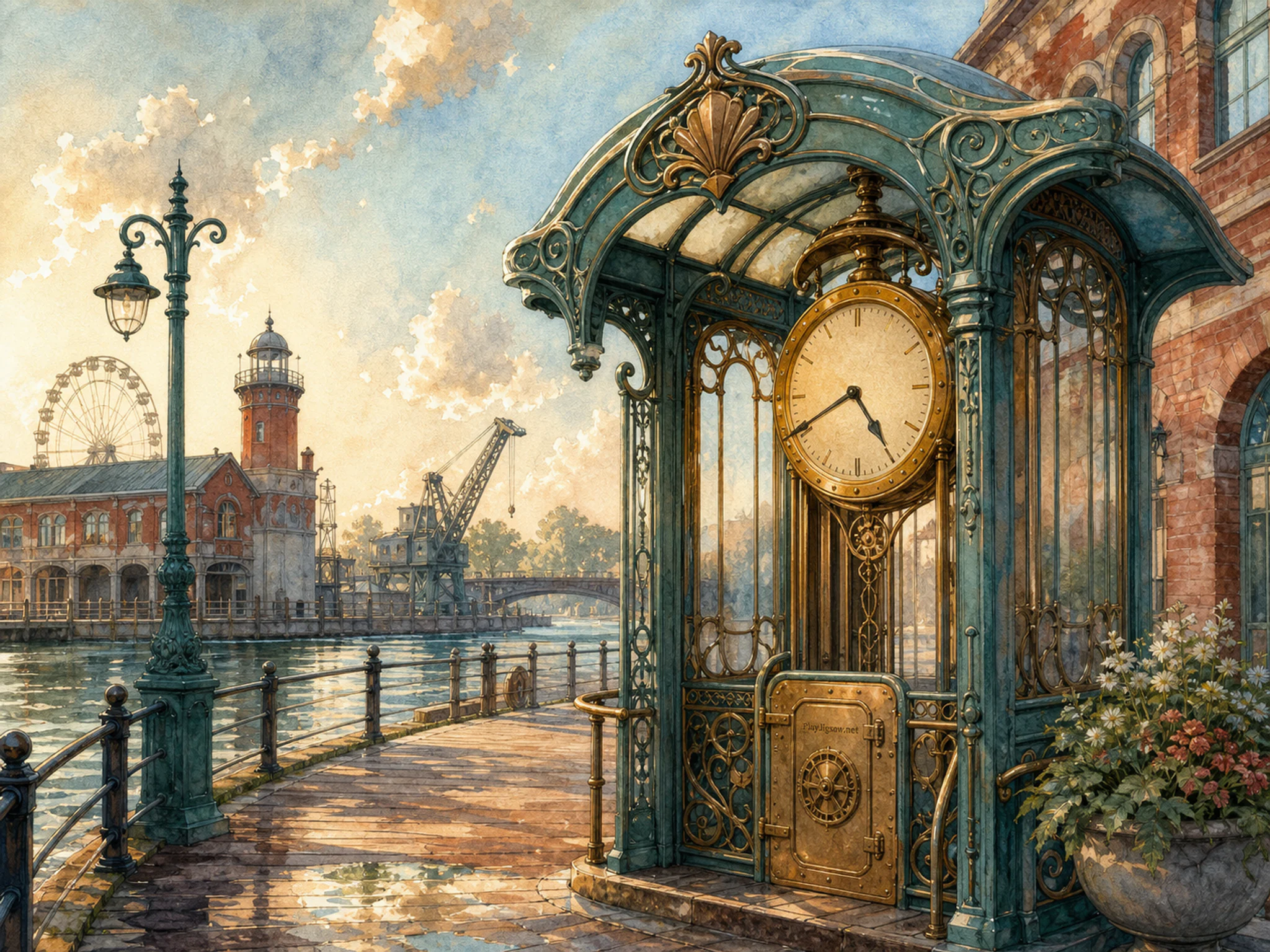 Art Nouveau Elevator sheltering brass public clock in a restored industrial riverside, with layered scenery and warm late-day sunlight.