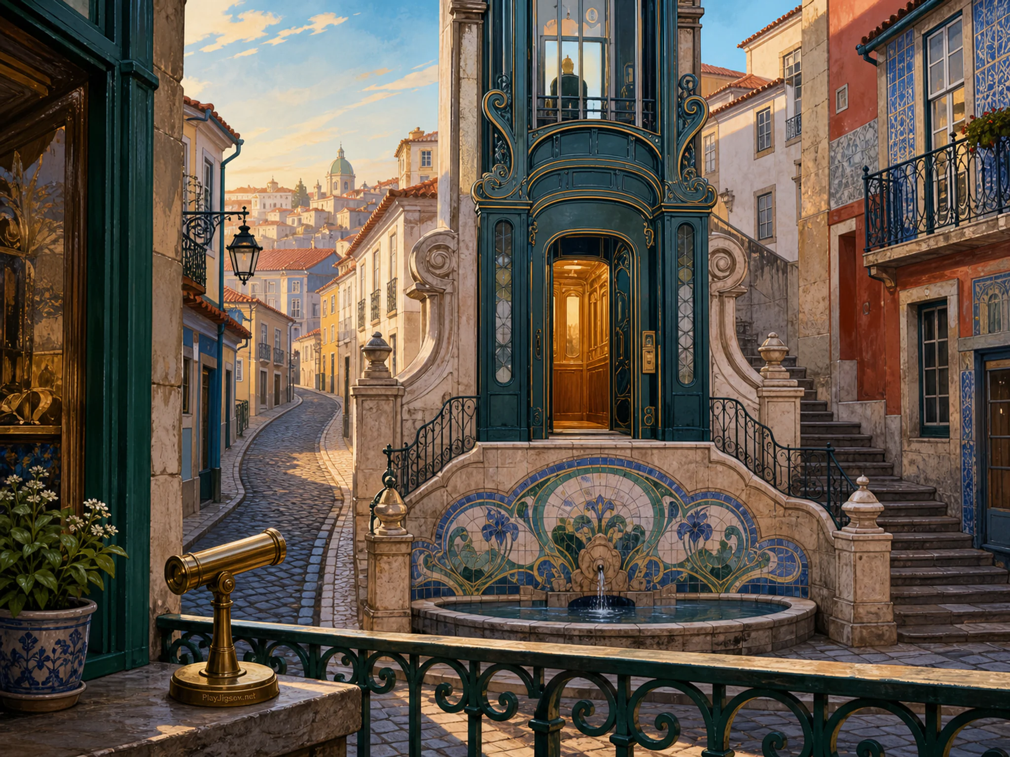 Art Nouveau Elevator revealing tiled fountain basin in a compact historic street, with layered scenery and clear early morning light.