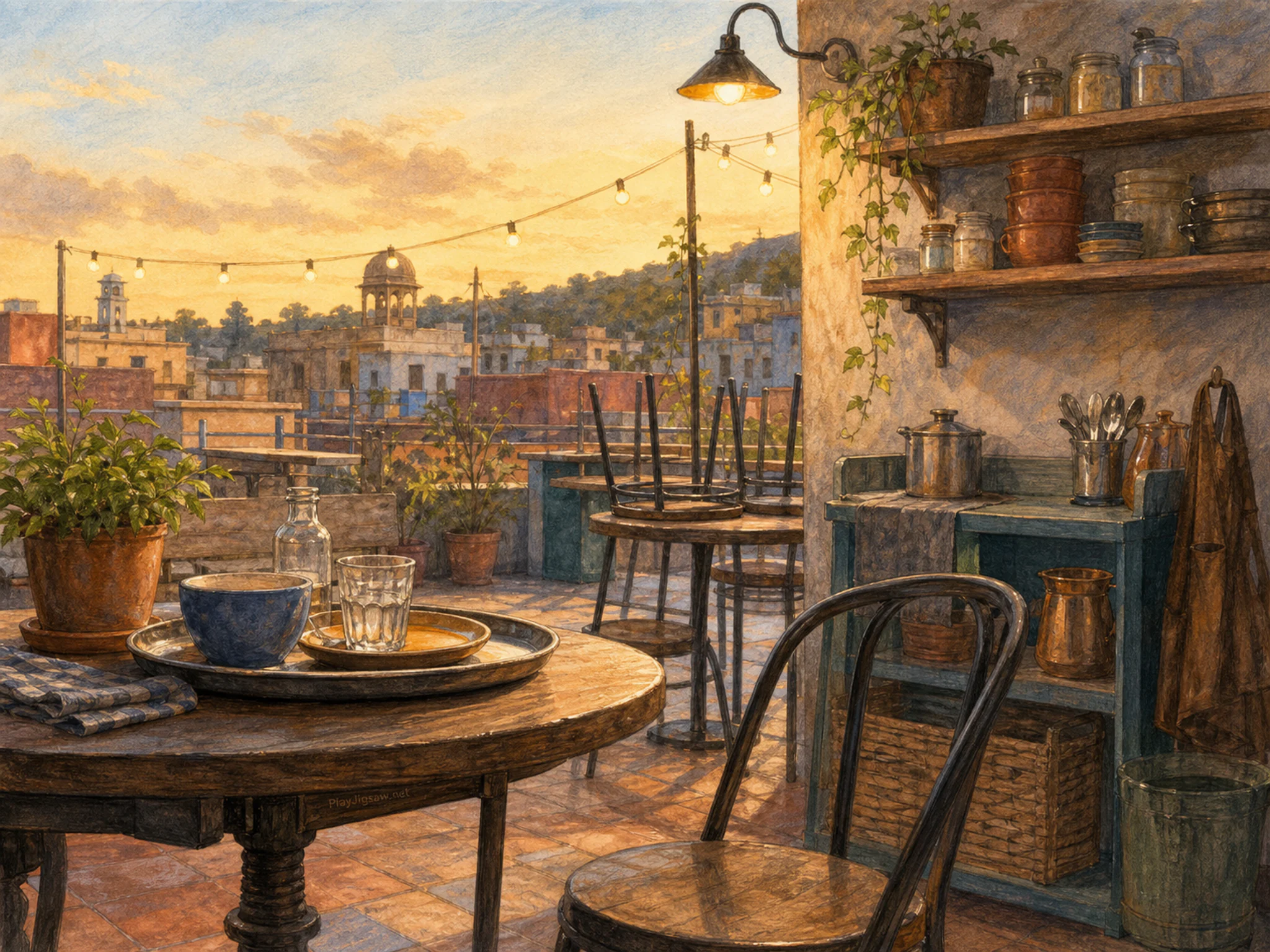 rooftop cafe standing naturally beside a round serving tray in a neighborhood rooftop cafe after closing with no people, with familiar objects and golden kitchen-window light.
