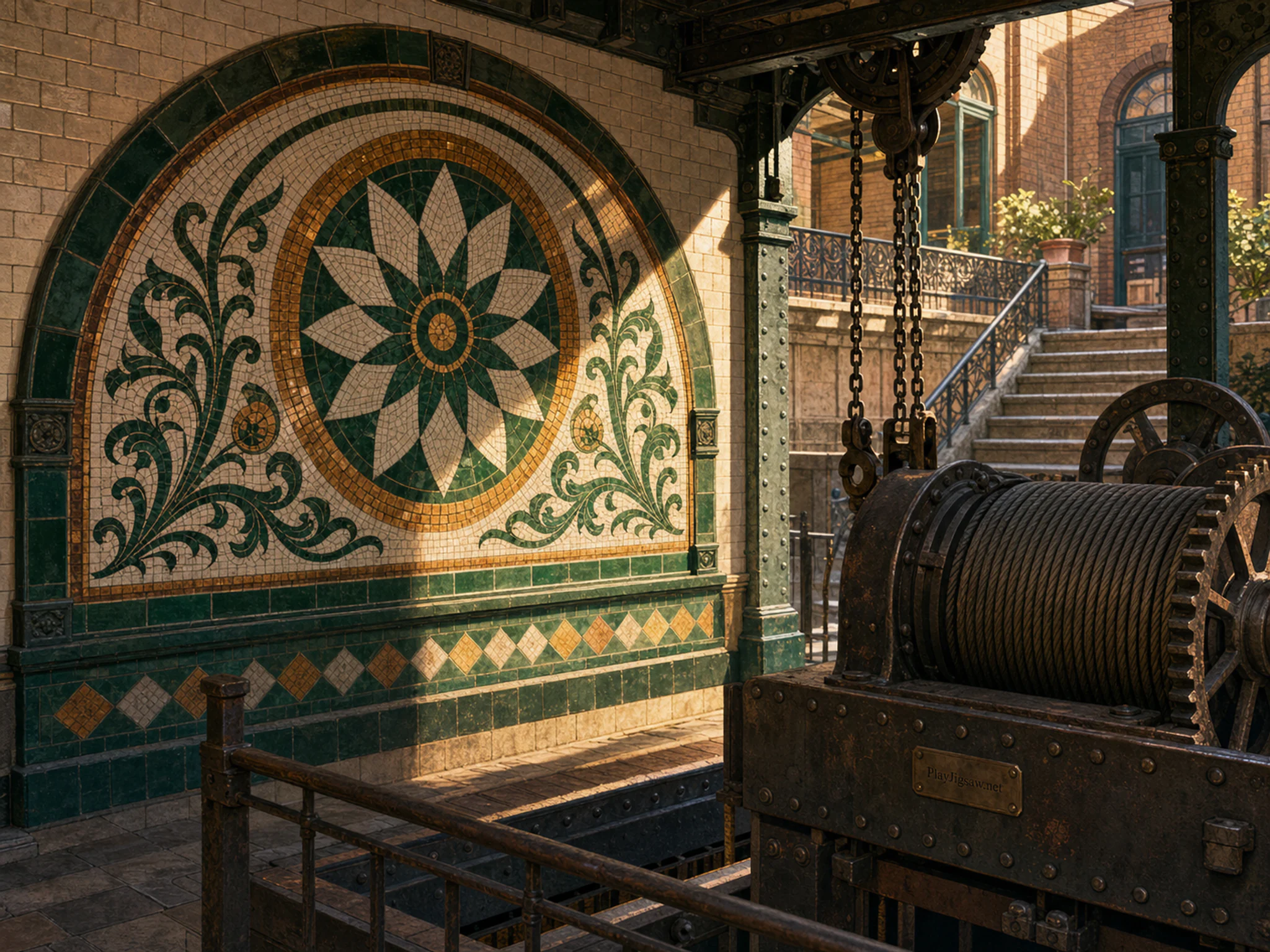 Subway Mosaic overlooking riveted iron hoist in a patterned inner courtyard, with layered scenery and warm late-day sunlight.