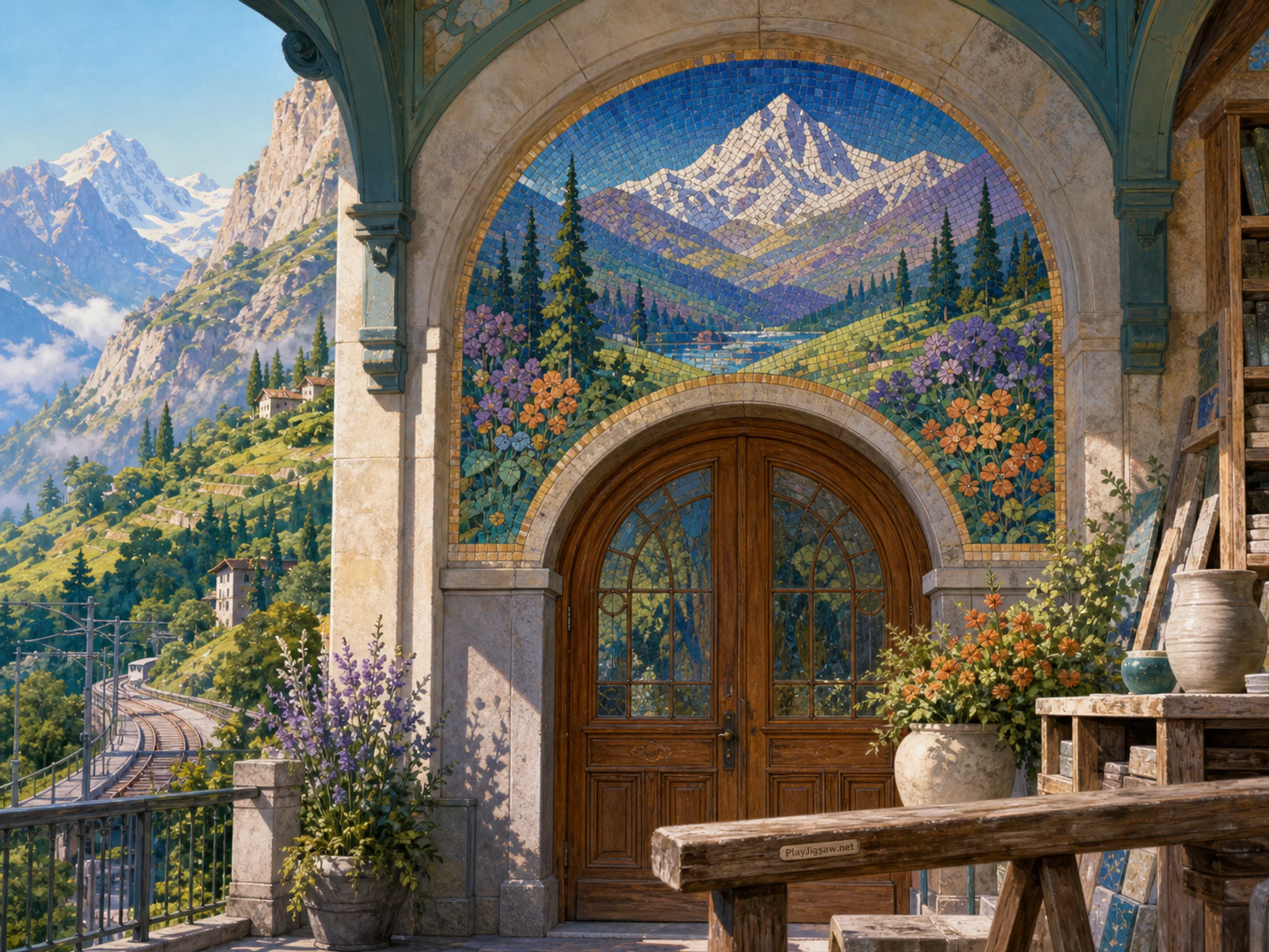 Subway Mosaic rising above arched wooden doorway in a layered alpine hillside, with layered scenery and clear early morning light.