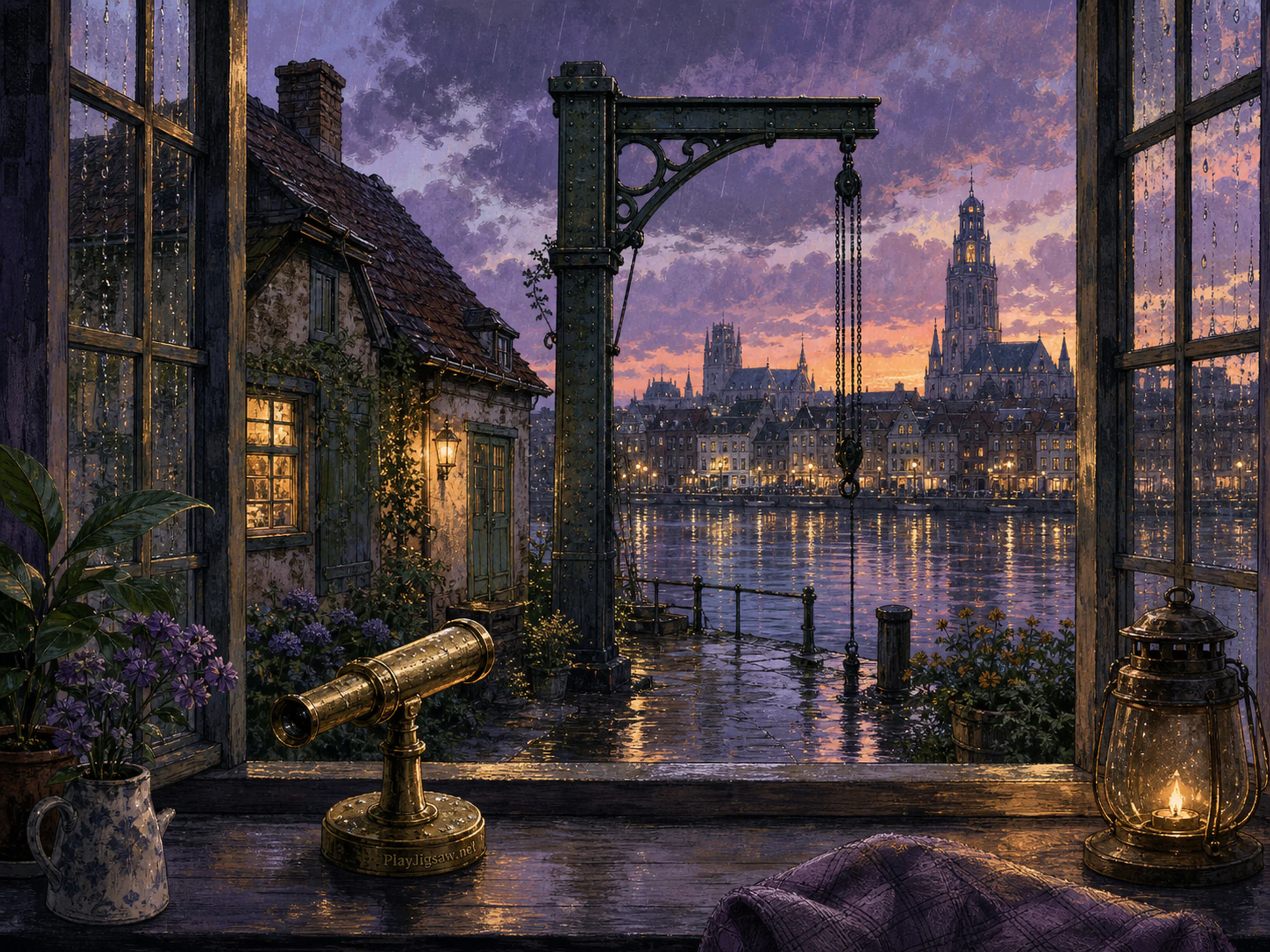 Canal Cottage framing riveted iron hoist in a broad twilight skyline, with layered scenery and gentle rain with crisp reflections.
