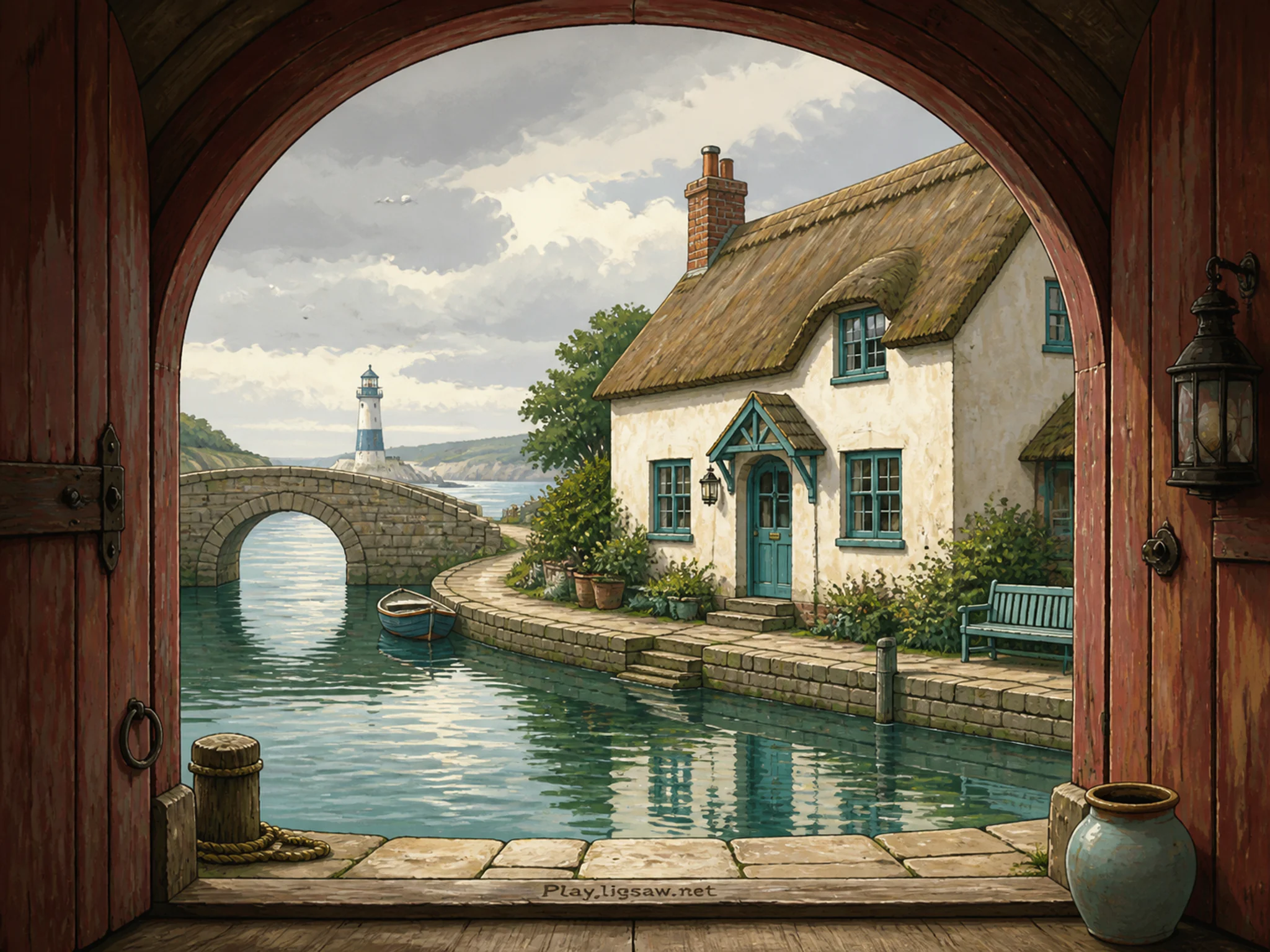 Canal Cottage anchoring arched wooden doorway in a reflective canal bend, with layered scenery and soft overcast afternoon.