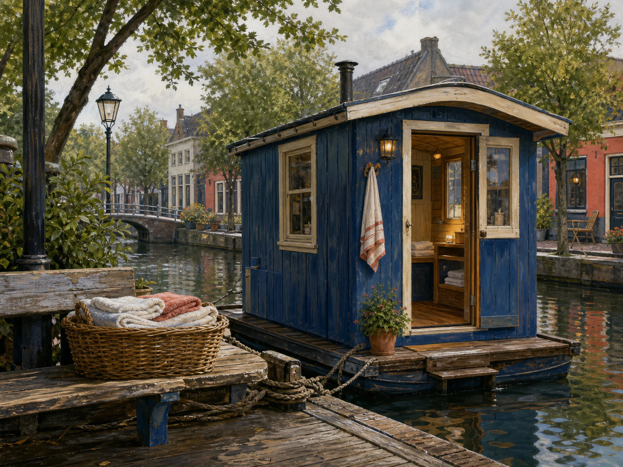 floating bathhouse standing naturally beside a wicker towel basket in a modest floating bathhouse moored beside a tree-lined canal street, with familiar objects and soft overcast.