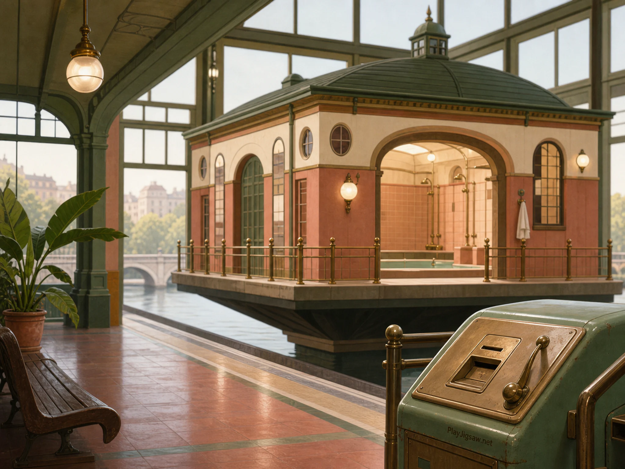Floating Bathhouse overlooking enamel ticket machine in a rain-bright transit platform, with layered scenery and bright diffused window light.