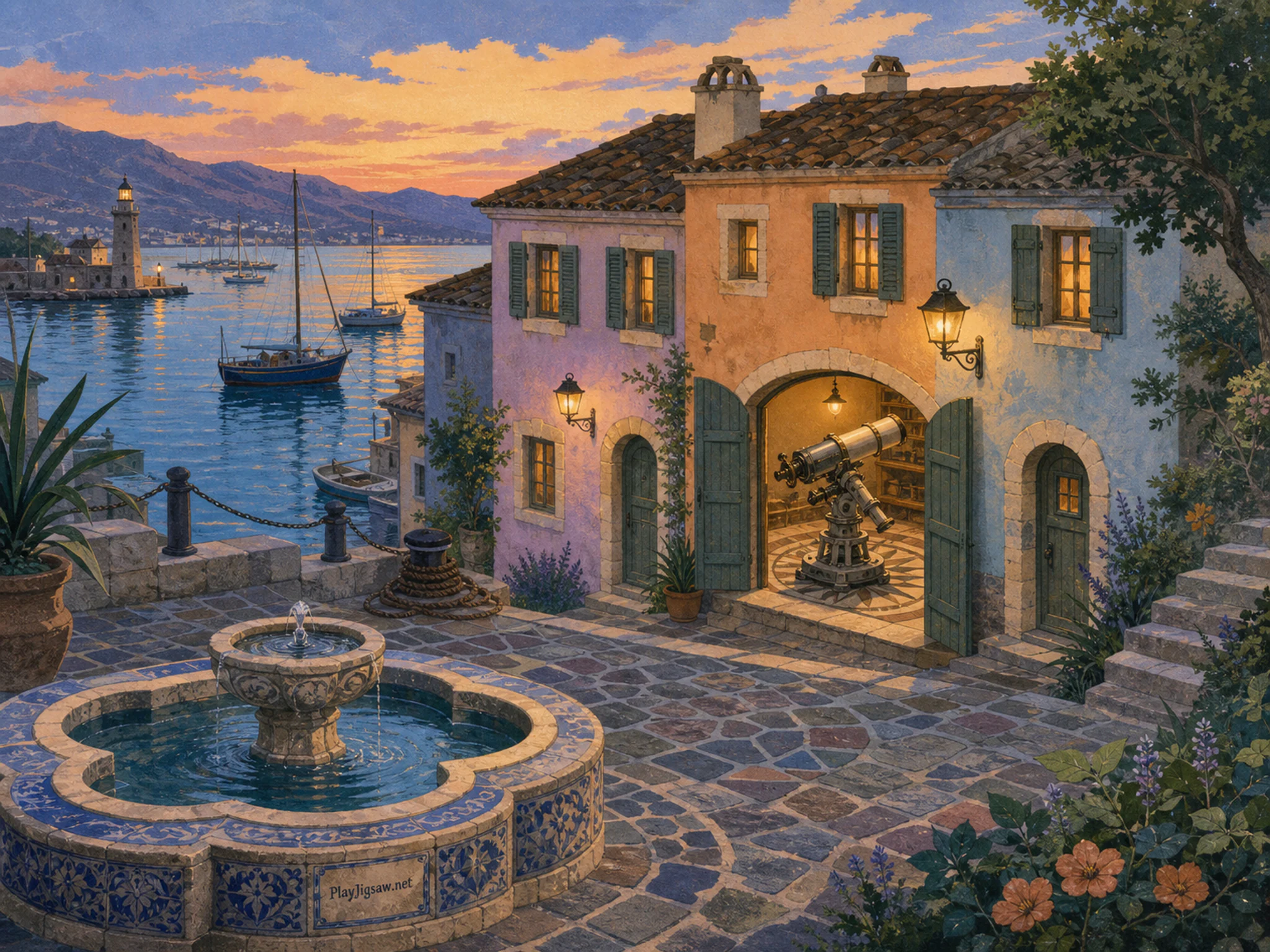 Harbor Row Houses revealing precision telescope mount in a patterned inner courtyard, with layered scenery and golden lamplight at dusk.