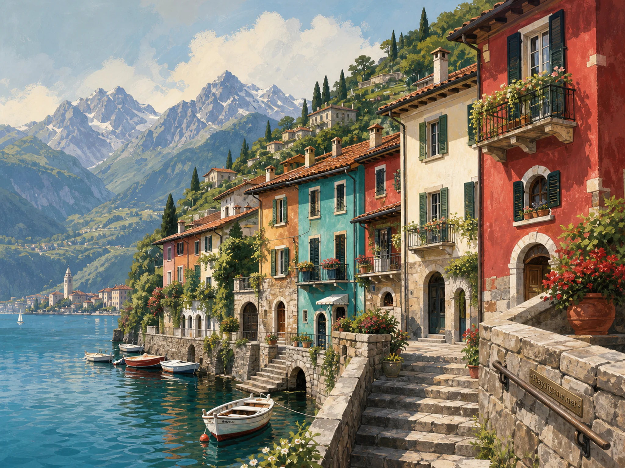 Harbor Row Houses sheltering stone stair landing in a layered alpine hillside, with layered scenery and bright diffused window light.