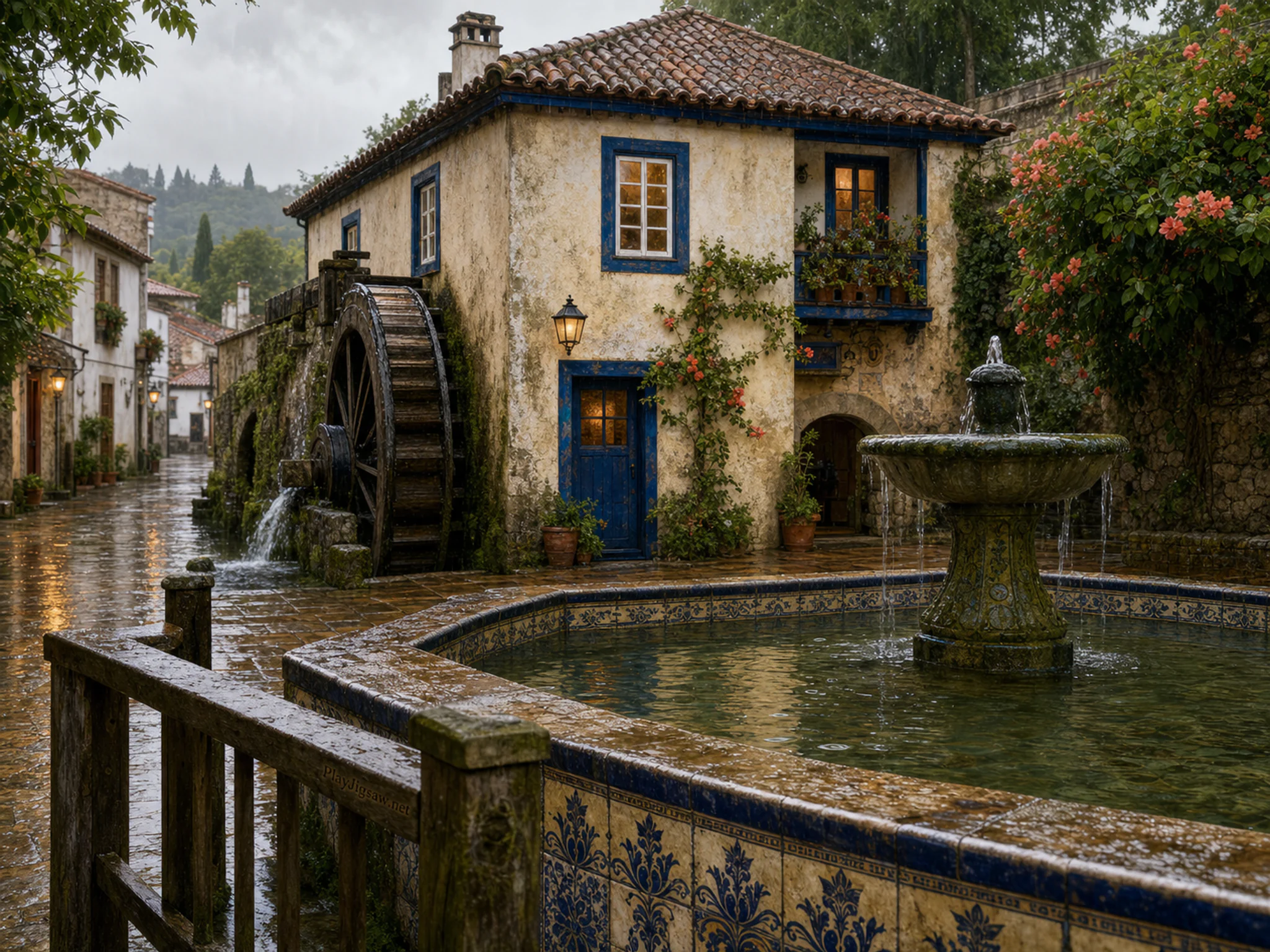 River Mill House opening onto tiled fountain basin in a compact historic street, with layered scenery and gentle rain with crisp reflections.