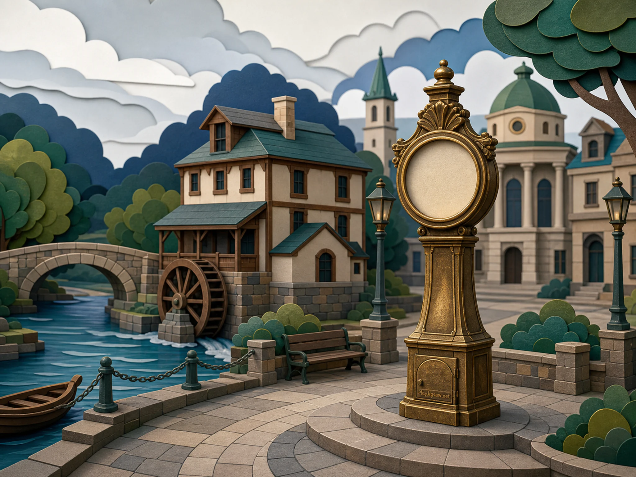 River Mill House surrounding brass public clock in an old civic square, with layered scenery and soft overcast afternoon.