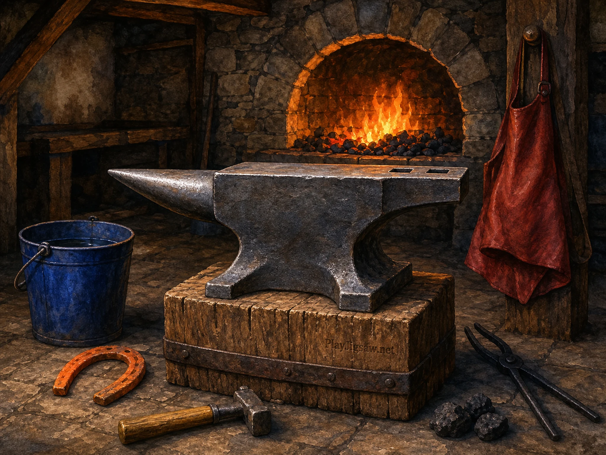 A steel anvil on an oak block in an ember-lit stone forge with orange horseshoe, cobalt bucket, hammer, red apron, tongs, coal, and a burned-in workshop stamp