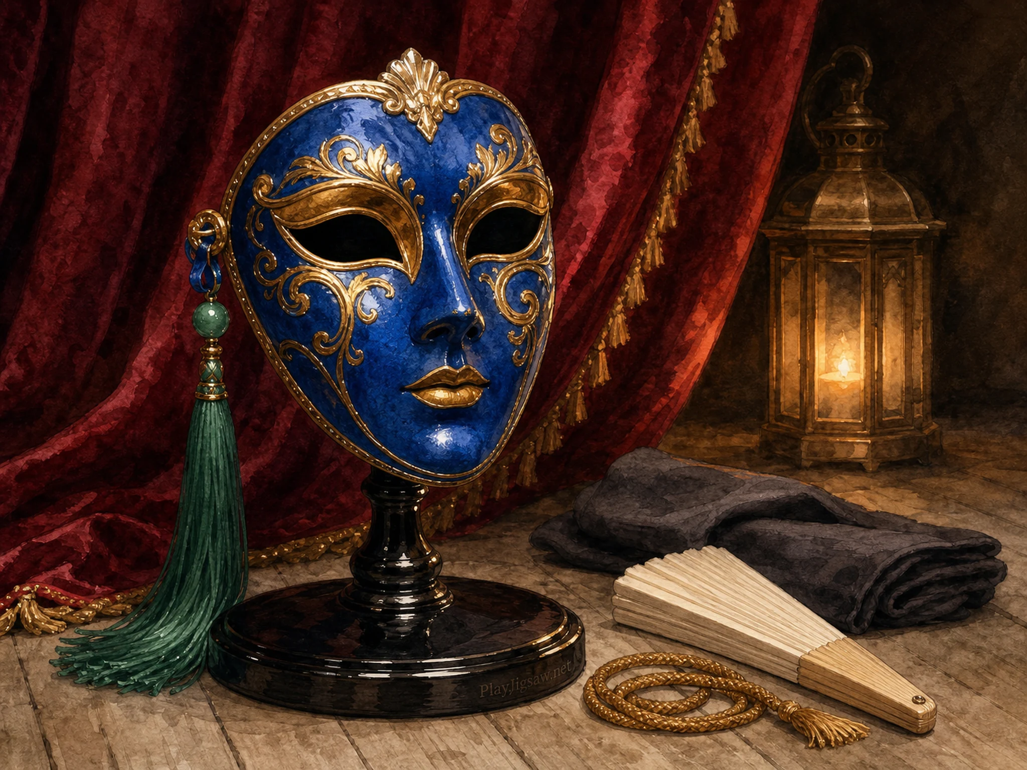 A cobalt and antique-gold theater mask on a black lacquer stand with crimson velvet curtain, jade tassel, ivory fan, brass lantern, and tiny engraved maker mark