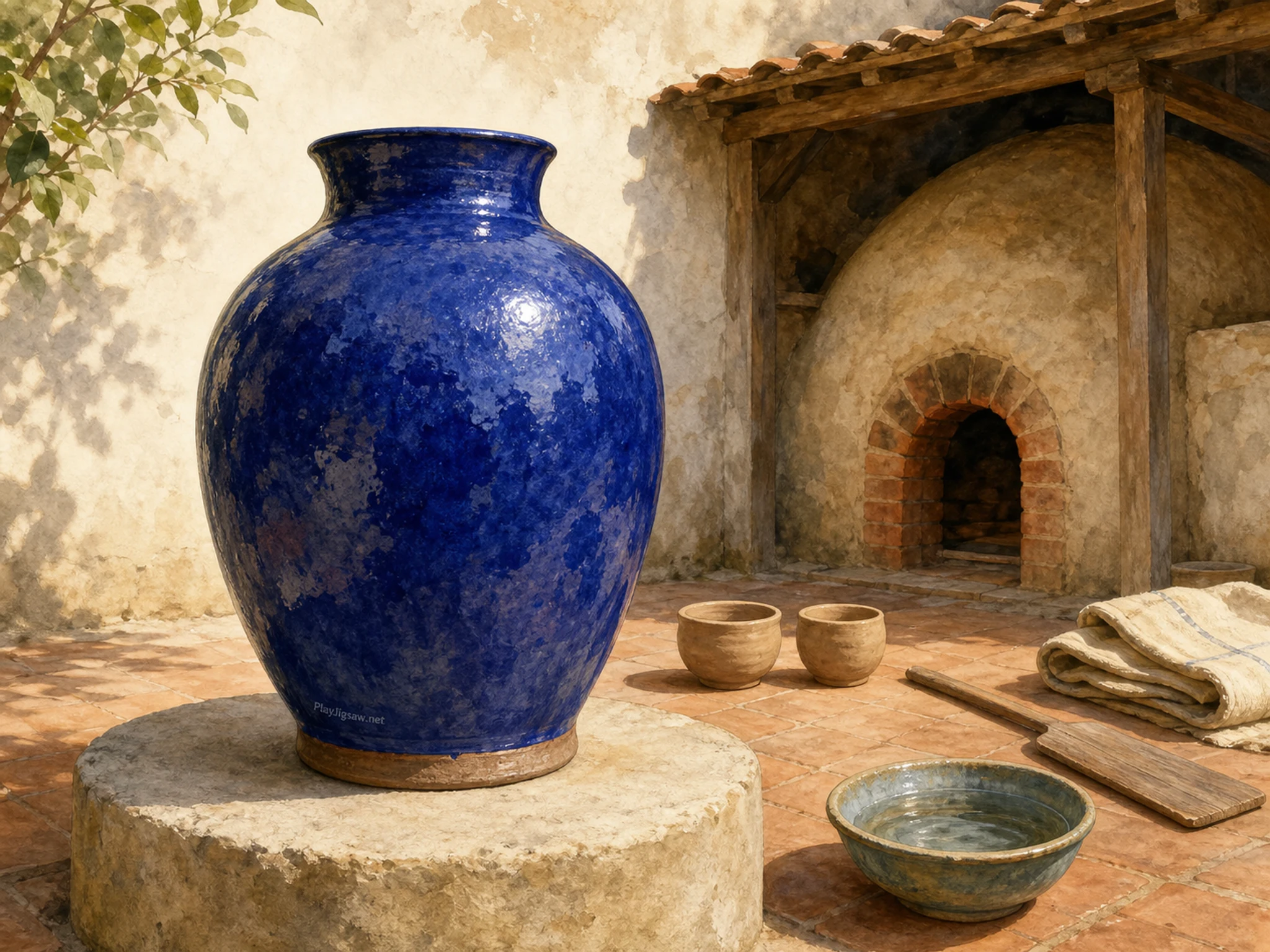 A pottery courtyard with a cobalt glazed vase, small brick kiln, clay lump, sponge, copper trimming tool, water bowl, cloth, and a tiny incised in-world maker mark on the vase foot