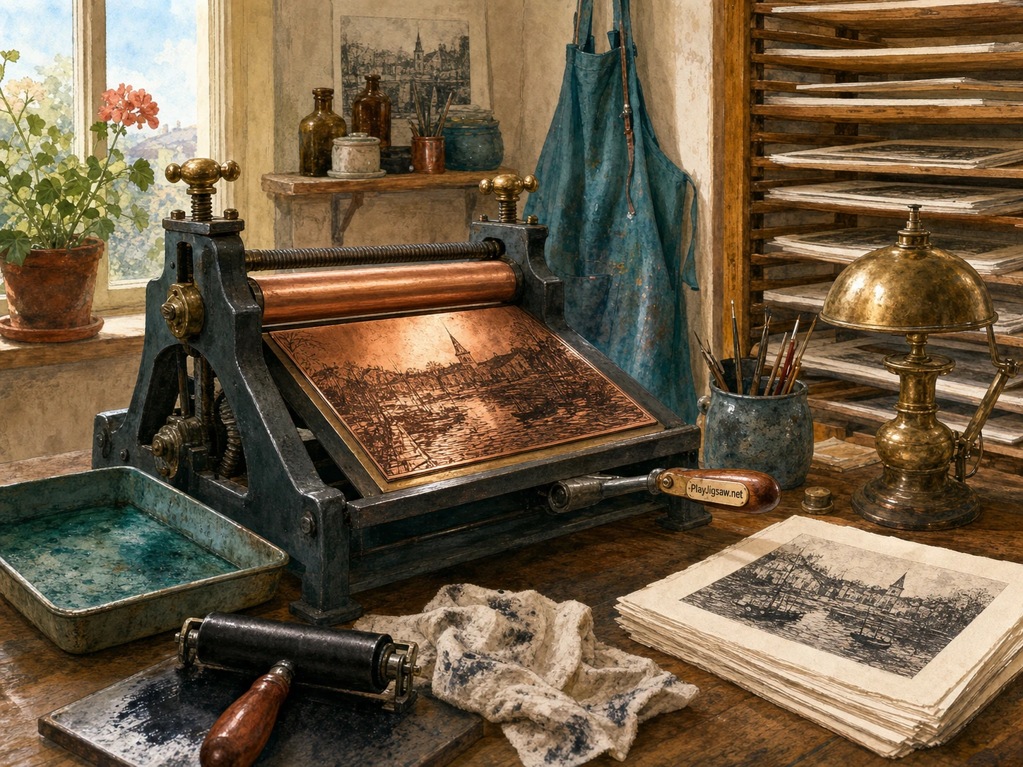 A quiet artisan printmaking studio with a copper etching plate on a small press, acid-resistant tray, inking roller, proof paper stack, cotton rag, brass lamp, teal apron, wooden drying rack, and a subtle maker mark press handle tag