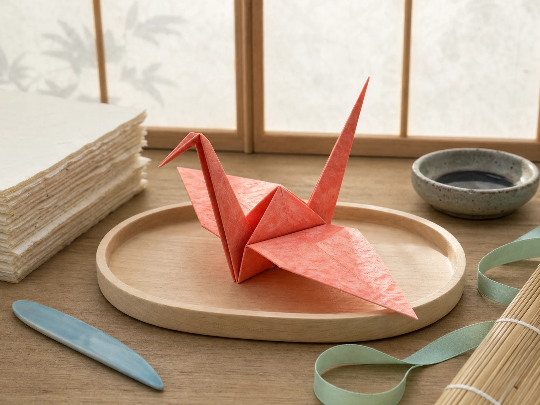 A paper craft windowsill with a coral origami crane on a pale wood tray, blue folding bone, ivory paper stack, ceramic ink dish, mint ribbon, bamboo mat, window shadow, and a tiny in-world tray mark