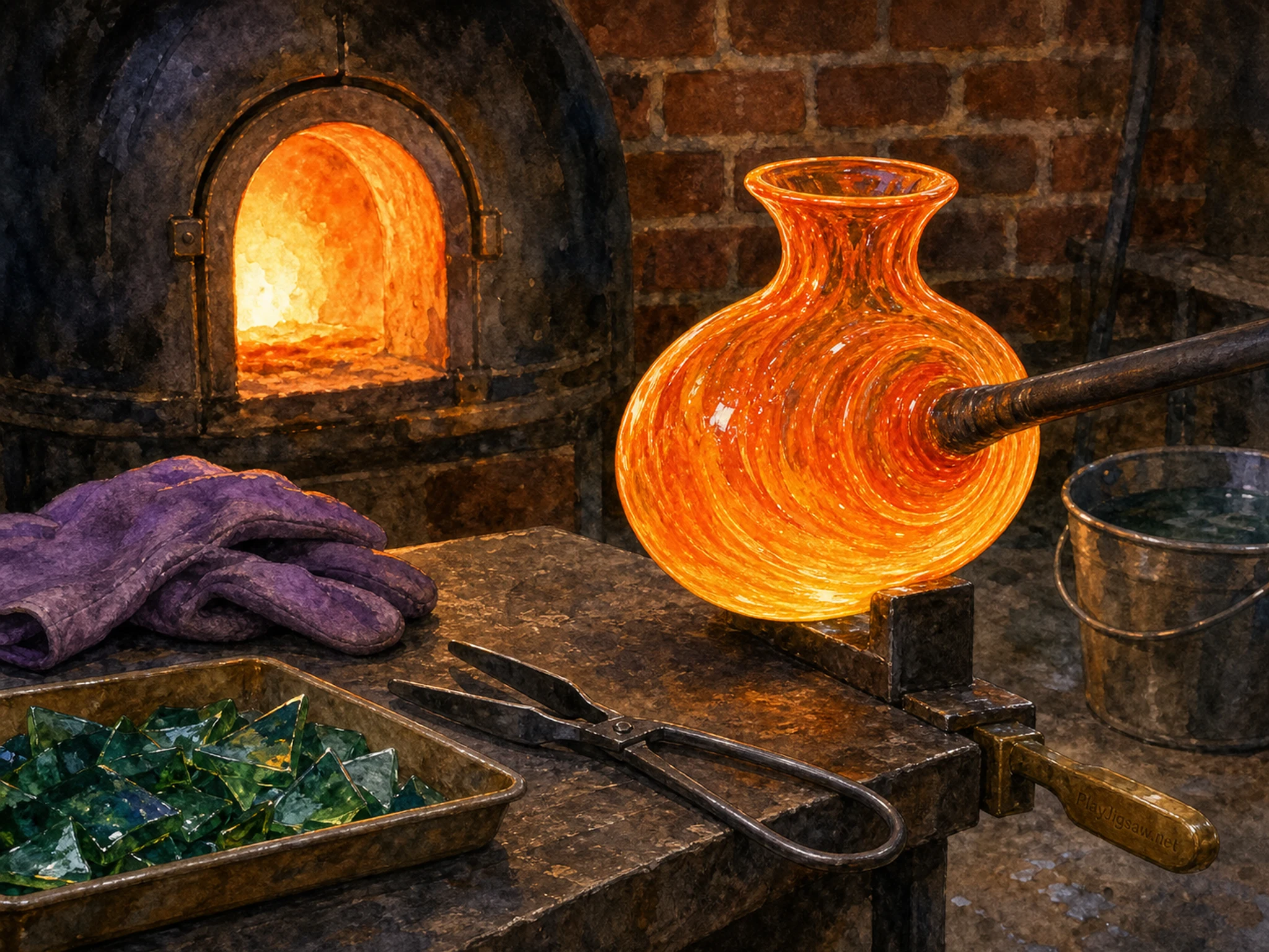 A glassblowing studio with a glowing orange glass vase on a blowpipe, furnace opening, purple gloves, green glass shards, metal tongs, water bucket, brick wall, and a tiny in-world etching on a tool handle