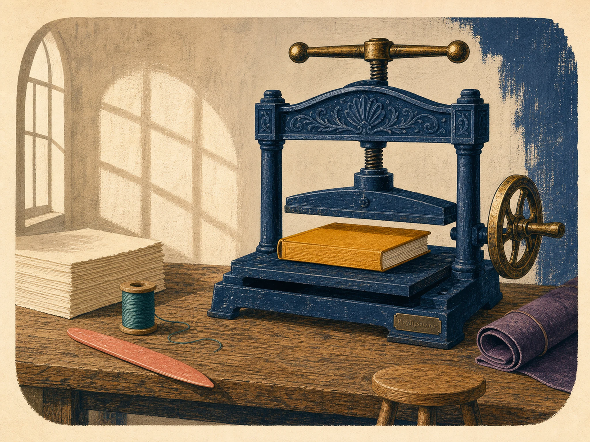 A quiet bindery with an indigo cast-iron book press holding one saffron book, cream paper stack, coral bone folder, brass wheel, teal thread, violet leather, oak stool, and a PlayJigsaw.net maker plate, rendered in tactile block-print gouache.