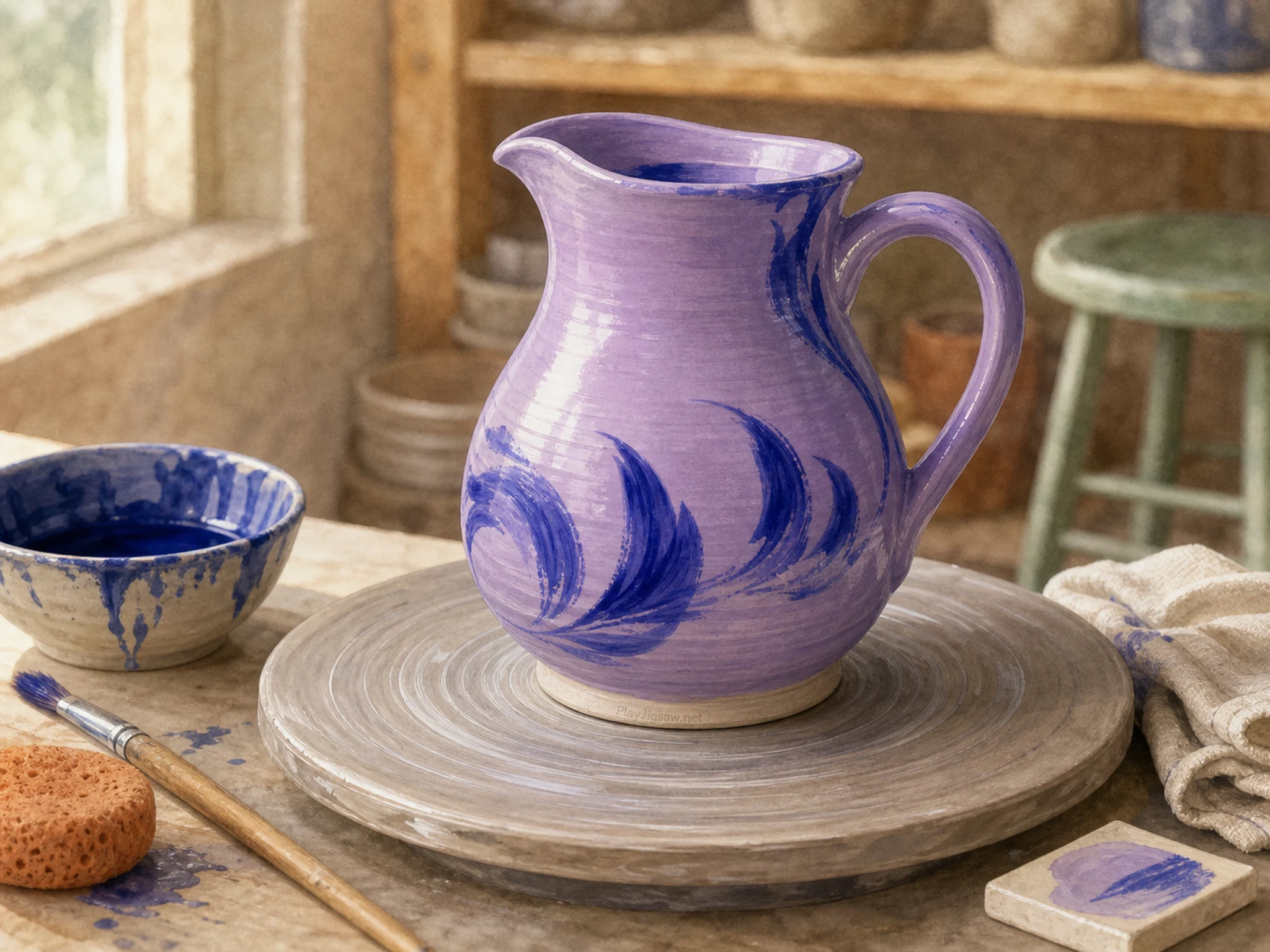 A pottery glazing studio with a lavender ceramic pitcher with cobalt brush strokes on a banding wheel, cobalt glaze bowl, wooden brush, sponge, linen cloth, clay test tile, pale green stool, and a tiny in-world maker mark