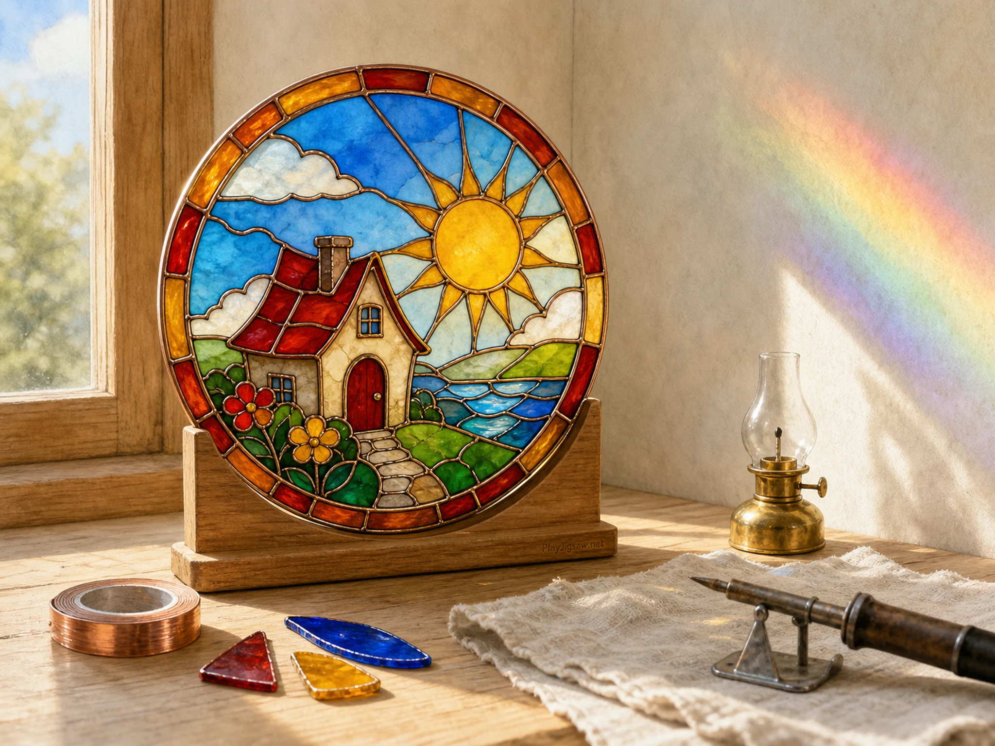 A bright windowsill scene with a round stained glass sun catcher, copper tape, soldering iron, colored glass pieces, linen cloth, brass oil lamp, rainbow light, and a tiny engraved in-world maker mark on the stand