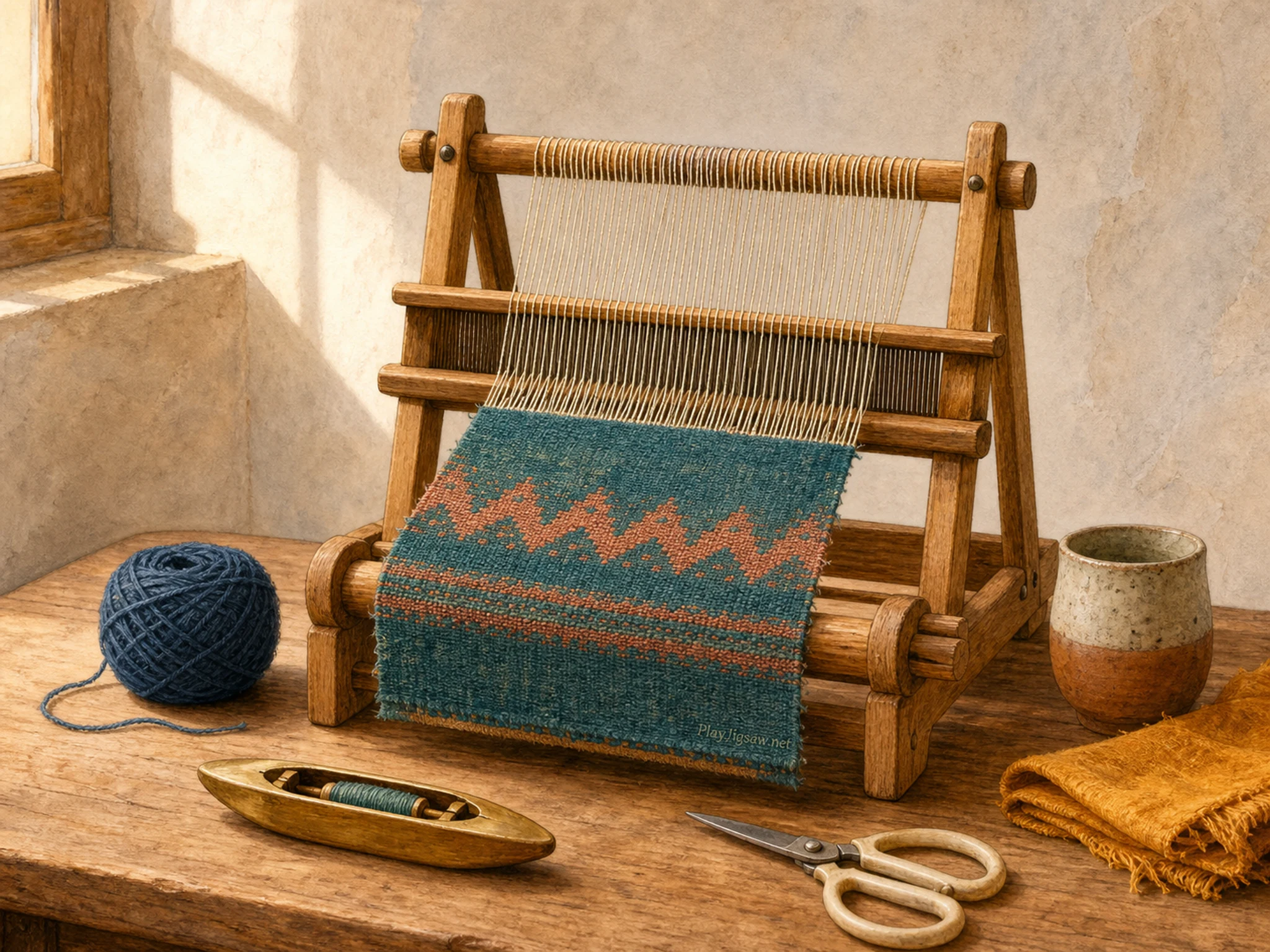 A textile studio with a wooden tabletop loom, teal and coral woven textile, indigo yarn ball, brass shuttle, cream scissors, clay cup, saffron cloth, window shadow, and a tiny in-world woven mark