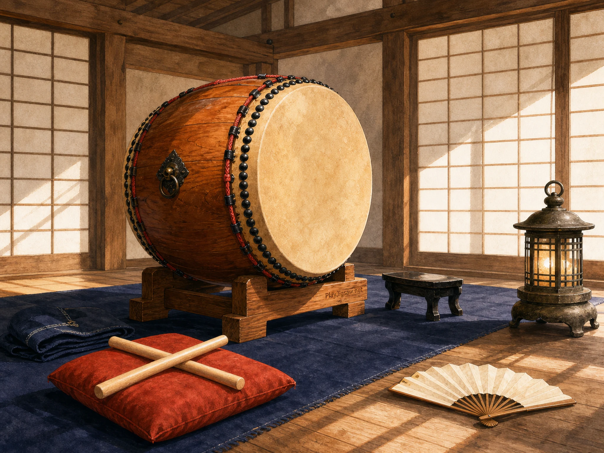 A serene Japanese rehearsal room with a large taiko drum, vermilion cushion, indigo cloth, bronze lantern, ivory fan, black stool, and a tiny maker stamp burned into its wooden stand
