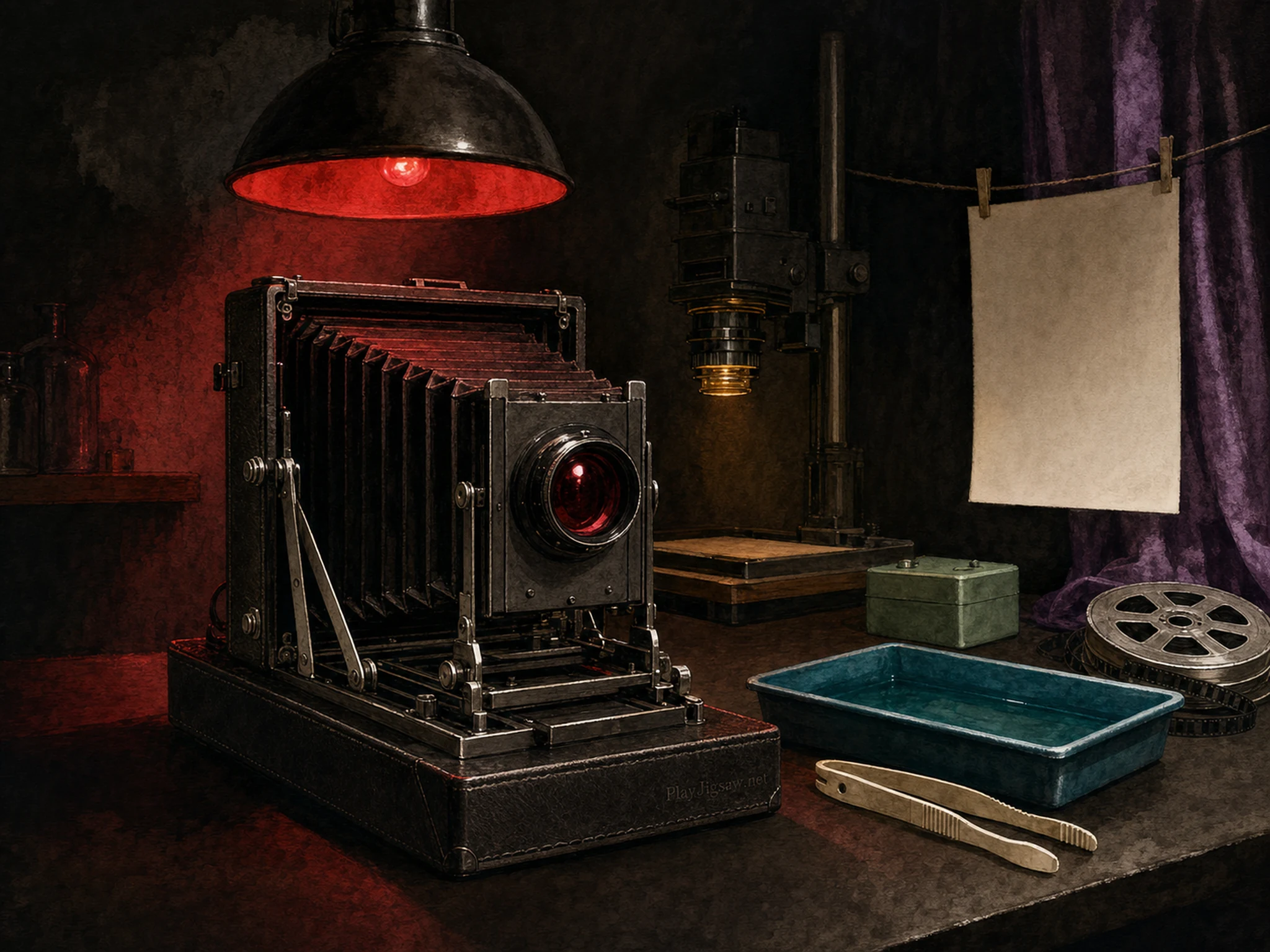A photographic darkroom with a black bellows camera under ruby safelight, amber enlarger lens, cyan tray, ivory tongs, violet curtain, silver reel, mint box, blank print, and a PlayJigsaw.net leather embossing, rendered in cinematic ink wash.